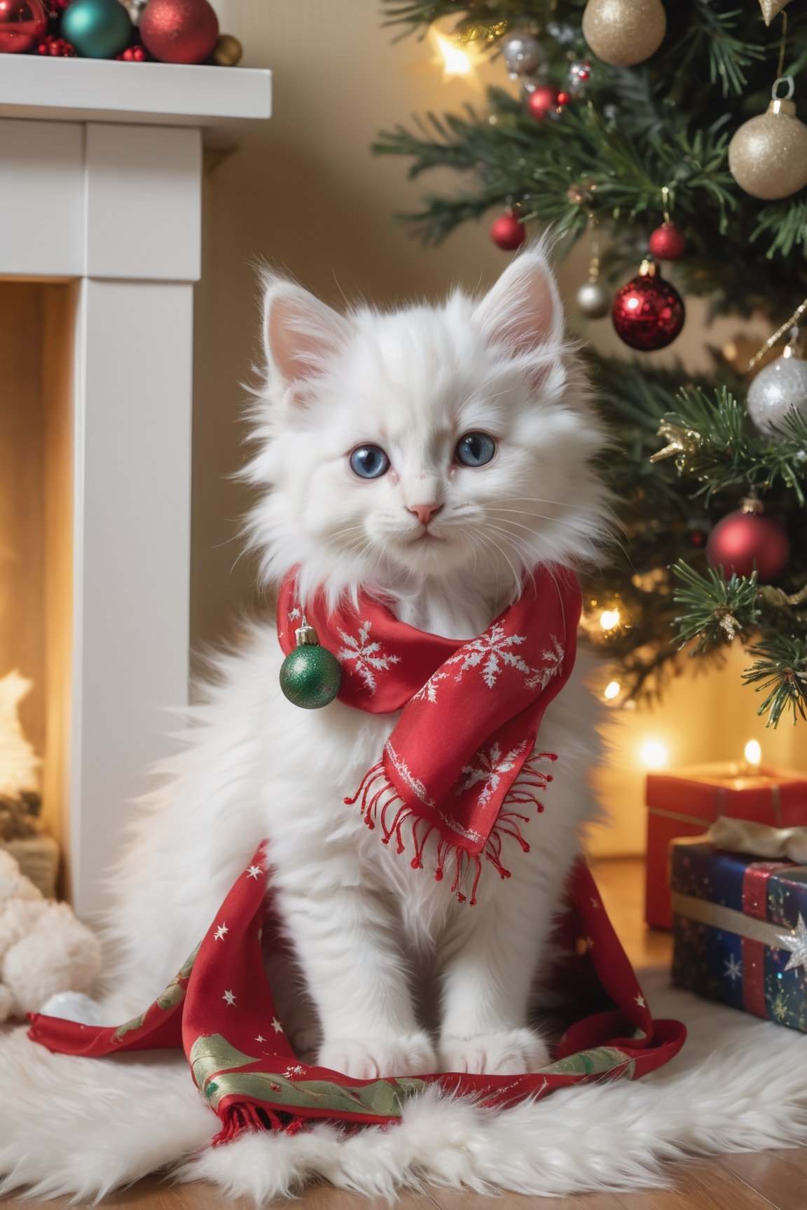 A fluffy white little kitten, wearing a beautiful enchanted gown, posing in a home near a Christmas tree, wearing a scarf, Christmas decoration,more detail XL,Xxmix_Catecat