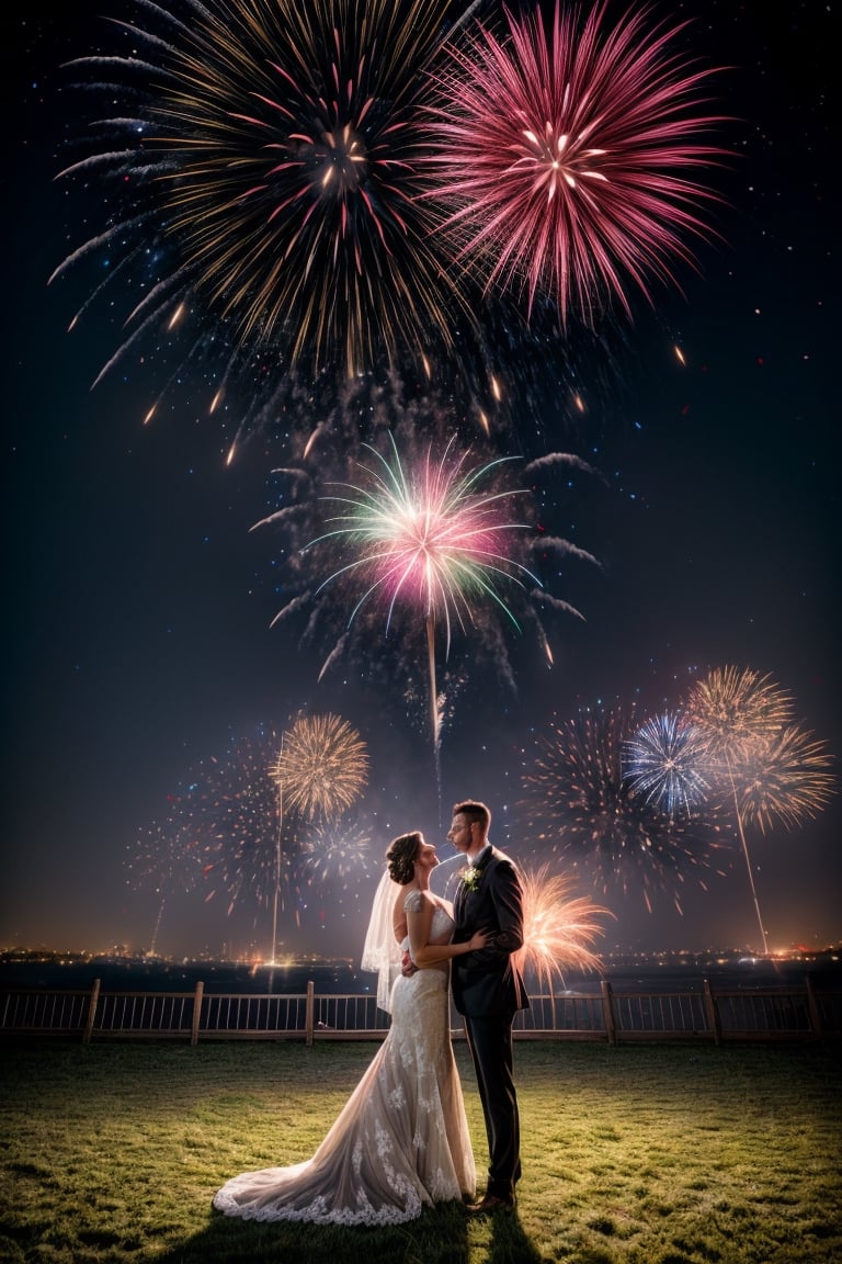 A couple getting married, outdoor, landscape, fireworks in a sky says "2024", add text "Happy New Year 2024"
,photorealistic,