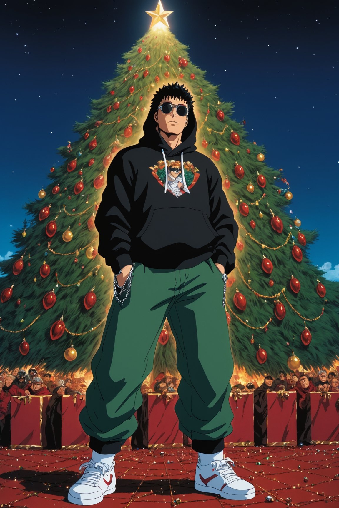 Guts from Berserk, wearing a designer hoodie and baggy pants, wearing chain, showing his sneakers made of diamonds, wearing sunglasses, in hood, crowd watching him,Movie Still, Christmas tree in background, anime, anime style