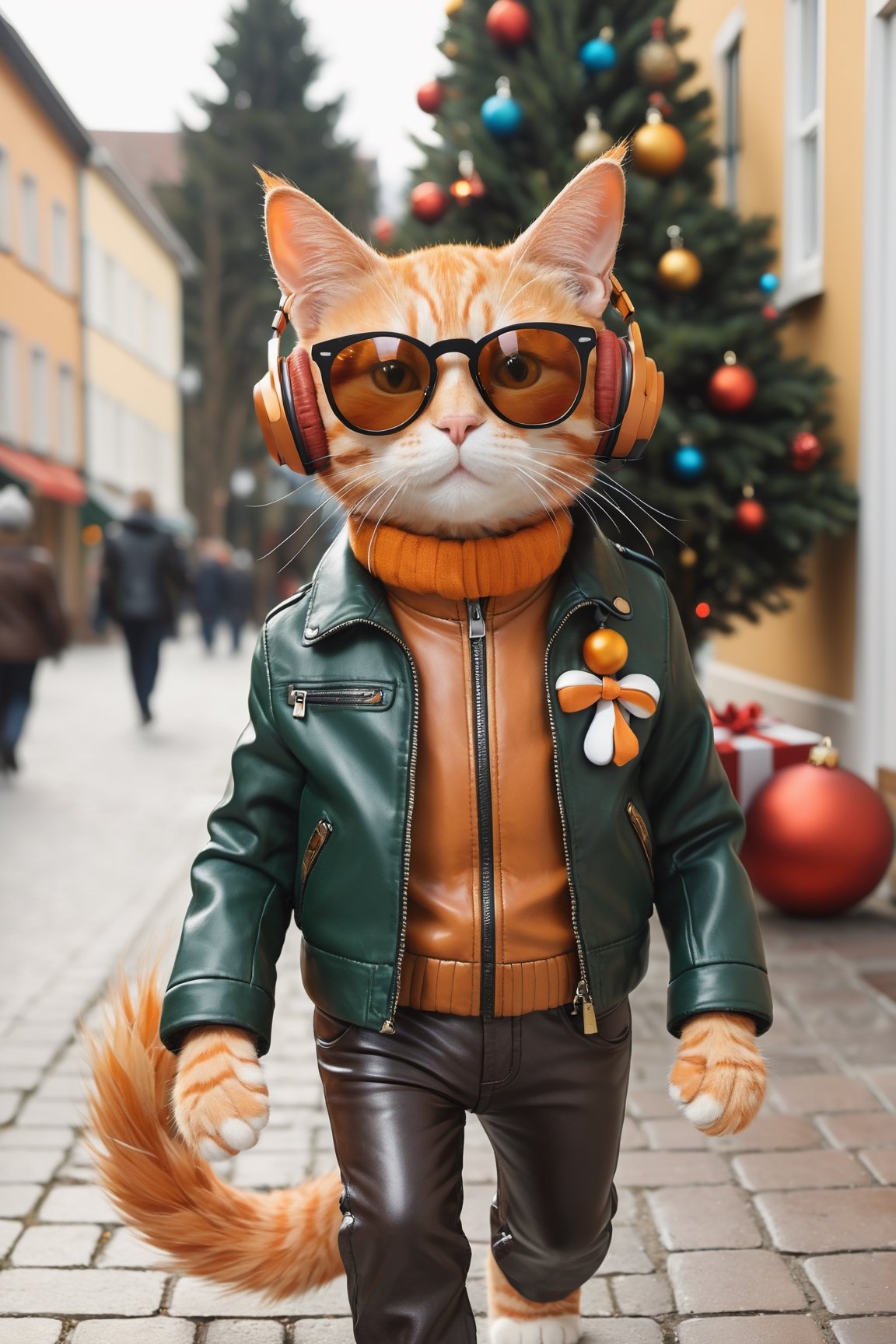 An orange cat, wearing a leather jacket and pants, walking in a town near a Christmas tree, wearing a headphone and sunglass, Christmas decoration,more detail XL,Xxmix_Catecat