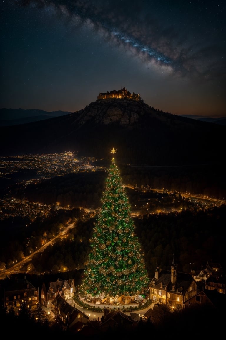 A beautiful enchanted Christmas tree, detailed landscape, on the top of the mountain, a whole village is visible from the top, Medieval era, fantasy world, night, starry sky, river visible from the top of the mountain, castle,