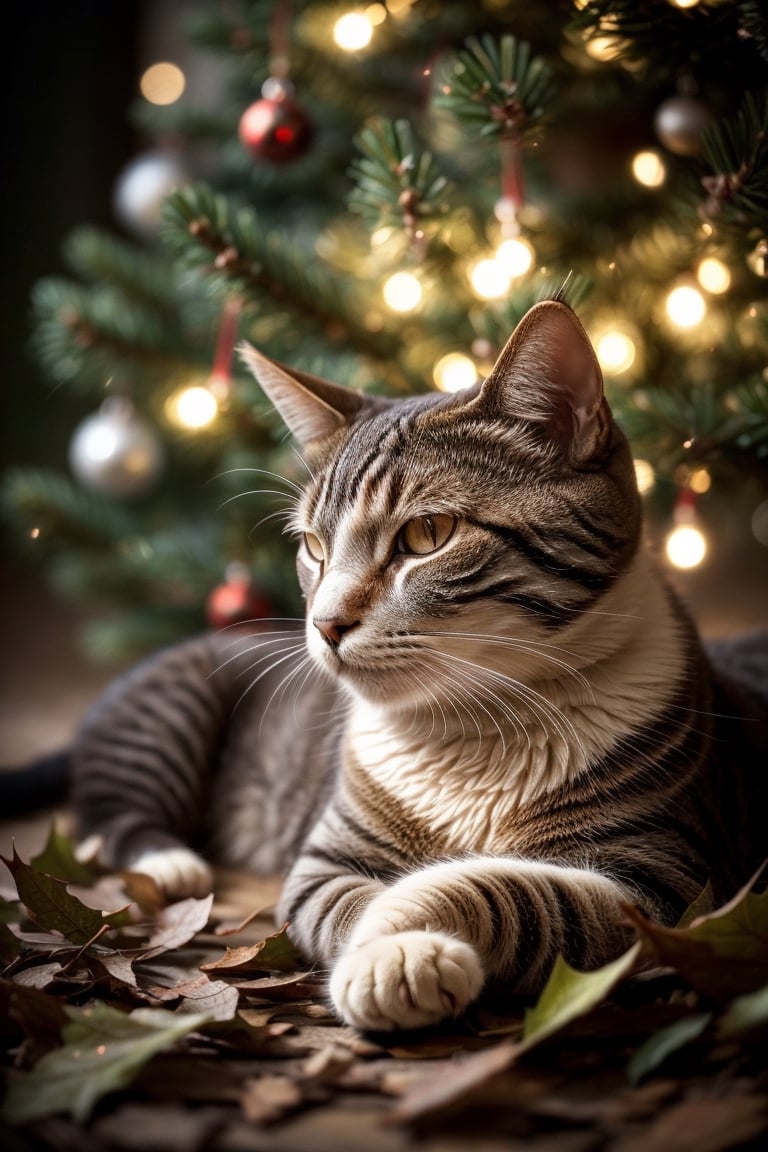 Amidst the tranquility of a woodland glade, a content cat lies peacefully asleep on a bed of fallen leaves. In the background, a majestic Christmas tree stands tall, adorned with twinkling lights that weave through its branches like a cascade of stars. The ambient lighting bathes the scene in a soft, warm glow, casting a serene and enchanting atmosphere. Cat wearing christmas hat.

fantasy world, Raw photo, depth of field, UHD, retina, masterpiece, super detail, high details, high quality, award winning, best quality, highres, 1080P, HD, 4K, 8k, 16k, cinematic light, (masterpiece, best quality, ultra-detailed, 8K), dreamlike, aesthetic art, digital art, professional artwork, immersive, intricate details, captivating natural beauty, hyper-detailed, (studio ghibli), makoto shinkai, trending in artstation,photorealistic