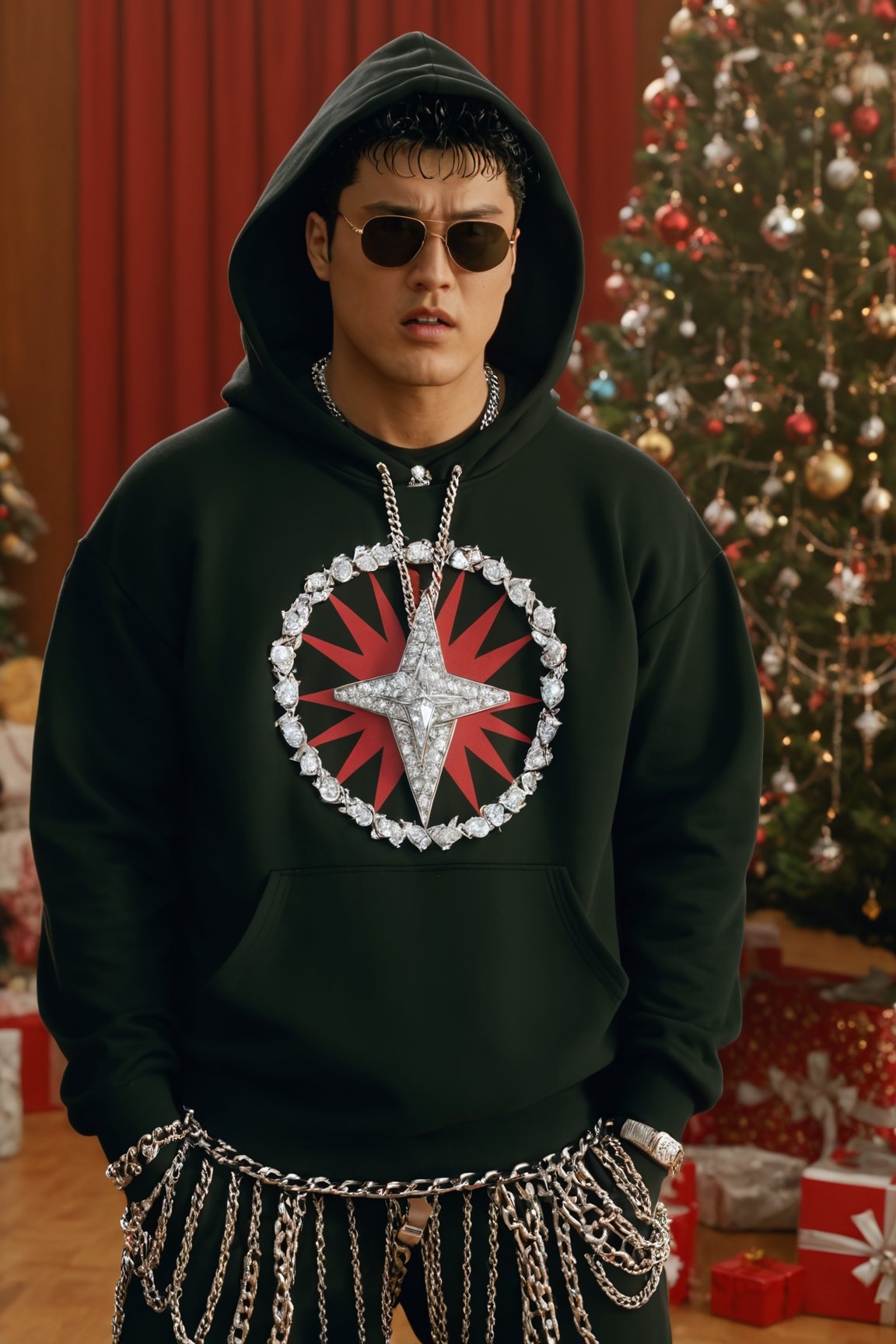 Guts from Berserk, wearing a designer hoodie and baggy pants, wearing chain, showing his sneakers made of diamonds, wearing sunglasses, in hood, crowd watching him,Movie Still, Christmas tree in background