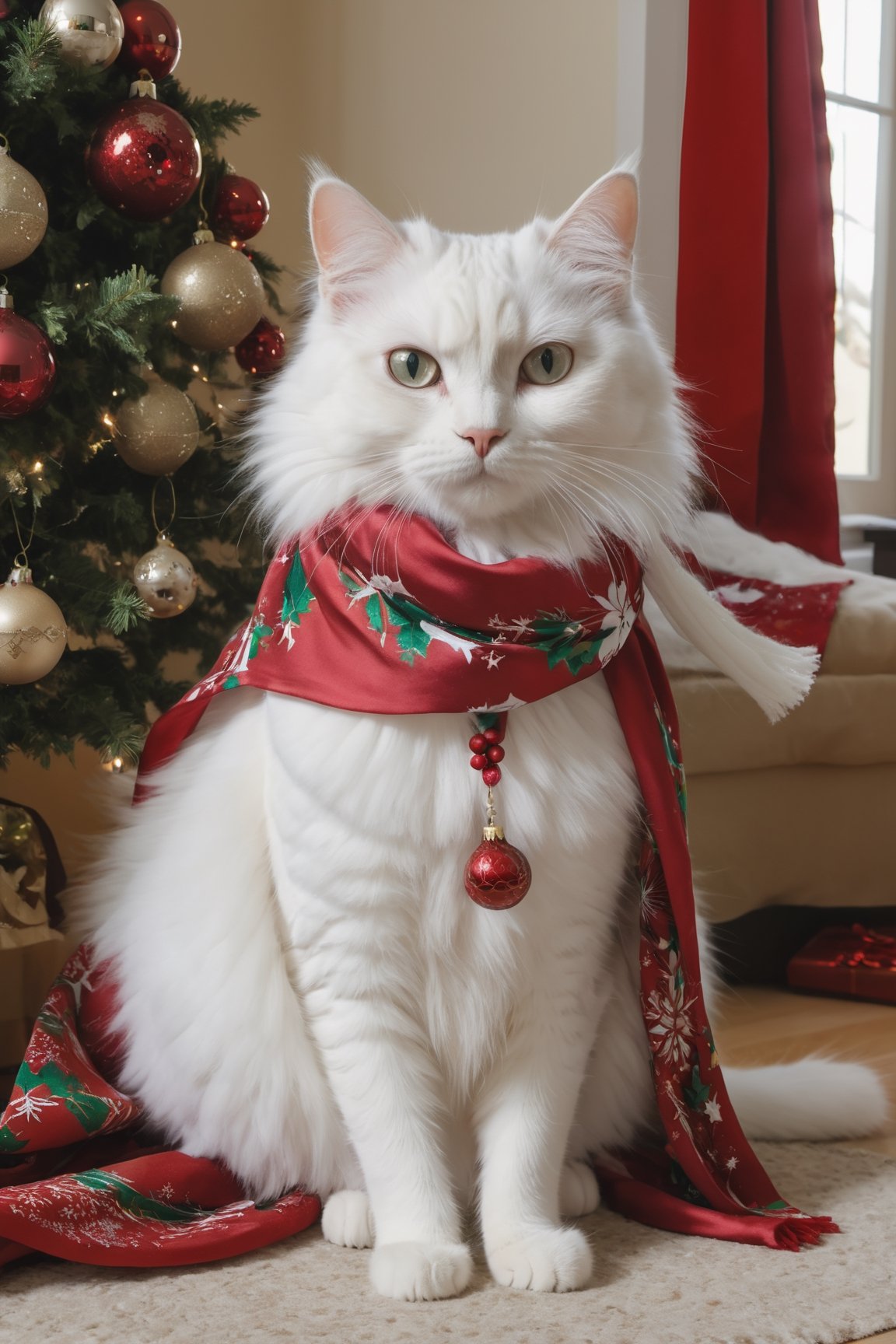 Anfluffy white cat, wearing a beautiful enchanted gown, posing in a home near a Christmas tree, wearing a scarf, Christmas decoration,more detail XL,Xxmix_Catecat