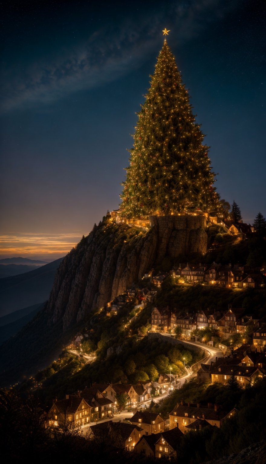 A beautiful enchanted Christmas tree, detailed landscape, on the top of the mountain, a whole village is visible from the top, Medieval era, fantasy world, night, starry sky, river visible from the top of the mountain, castle,