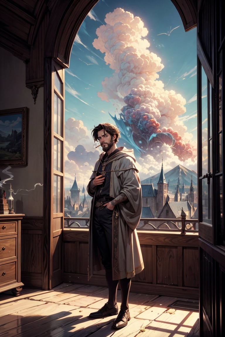 Generate an image of a handsome man in a medieval-themed fantasy world. He has short hair, a well-groomed beard, and is elegantly dressed. The man is standing by his bedroom window, smoking a cigarette, and gazing out at a breathtaking medieval landscape. Capture the details of the man's contemplative expression, the swirling smoke from the cigarette, and the intricate surroundings of his room. Outside the window, showcase a majestic view of a fantasy world with towering castles, rolling hills, and a sky filled with beautiful clouds and mountains. Convey a sense of both sophistication and the allure of the fantastical in this scene.
medieval era, fantasy world, Raw photo, depth of field, UHD, retina, masterpiece, super detail, high details, high quality, award winning, best quality, highres, 1080P, HD, 4K, 8k, 16k, cinematic light, (masterpiece, best quality, ultra-detailed, 8K), dreamlike, aesthetic art, digital art, professional artwork, immersive, intricate details, captivating natural beauty, hyper-detailed, (studio ghibli), makoto shinkai, trending in artstation,boy,midjourney