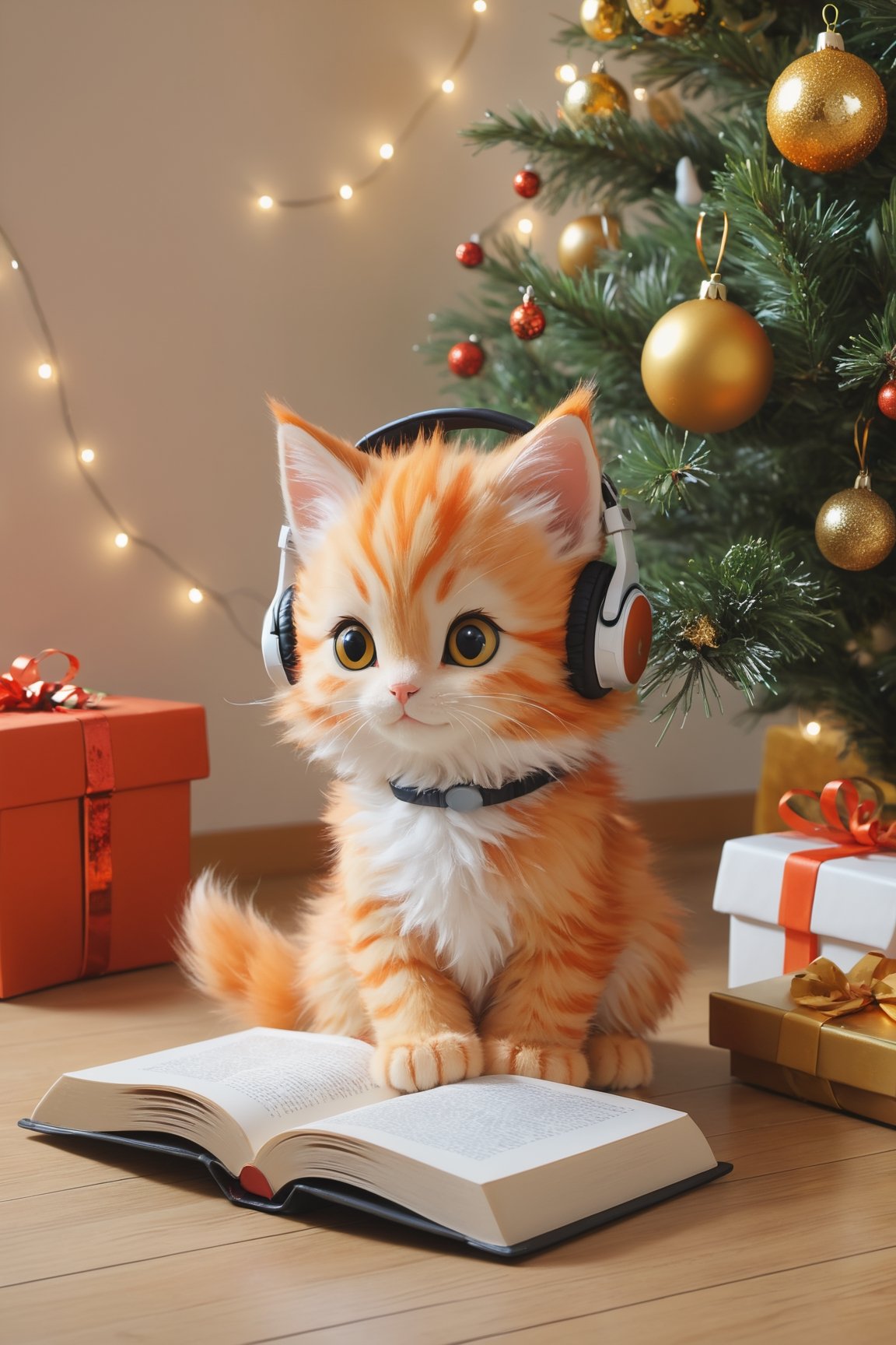 A litten orange kitten, wearing a whirt and pants, sitting near a Christmas tree, reading a book, wearing a headphone, cozy room, Christmas decoration,more detail XL,Xxmix_Catecat