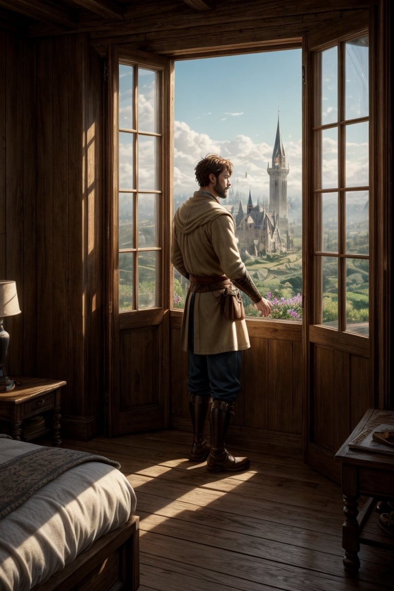 Generate an close up image of a handsome man in a medieval-themed fantasy world. He has short hair, a well-groomed beard, and is elegantly dressed. The man is standing by his bedroom window, smoking a cigar, and gazing out at a breathtaking medieval landscape. Capture the details of the man's contemplative expression and the intricate surroundings of his room. Outside the window, showcase a majestic view of a fantasy world with towering castles, rolling hills. Convey a sense of both sophistication and the allure of the fantastical in this scene.
medieval era, fantasy world, Raw photo, depth of field, UHD, retina, masterpiece, super detail, high details, high quality, award winning, best quality, highres, 1080P, HD, 4K, 8k, 16k, cinematic light, (masterpiece, best quality, ultra-detailed, 8K), dreamlike, aesthetic art, digital art, professional artwork, immersive, intricate details, captivating natural beauty, hyper-detailed, (studio ghibli), makoto shinkai, trending in artstation,boy,midjourney,photorealistic