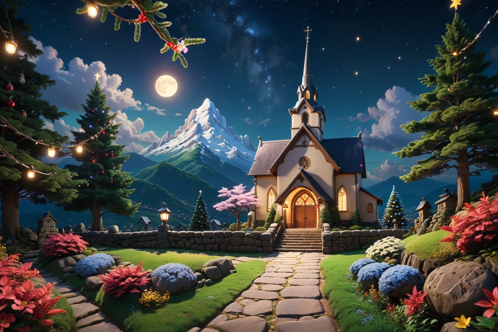 a mountain landscape at night. A distant church on the peak is beautifully lit. Follow a stone pathway adorned with Christmas lights and small flowers. The trees around are also lit up. Capture the serene beauty of this Christmas scene.
depth of field, UHD, retina, masterpiece, super detail, high details, high quality, award winning, best quality, highres, 1080P, HD, 4K, 8k, 16k, cinematic light, (masterpiece, best quality, ultra-detailed, 8K), dreamlike, aesthetic art, digital art, professional artwork, immersive, intricate details, hyper-detailed, (studio ghibli), trending in artstation,