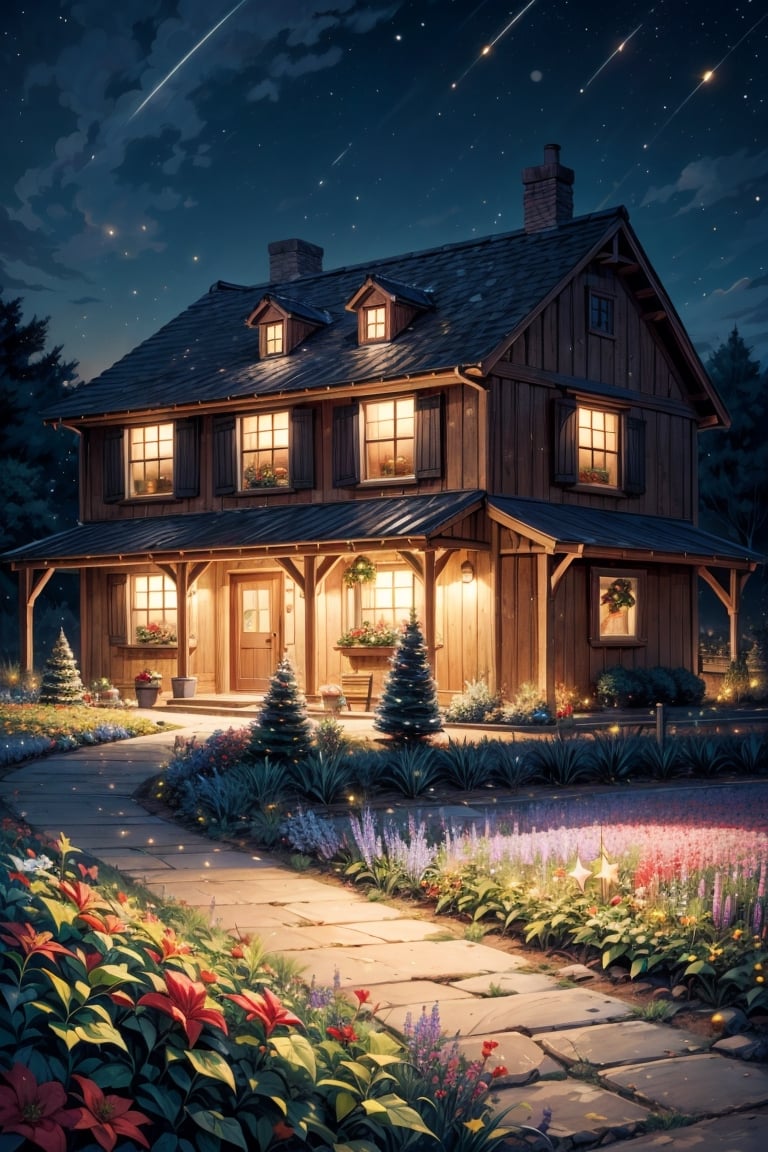 Paint a picturesque scene of a tranquil flower field under a clear starlit sky, with a charming house nestled in the distance, adorned with warm Christmas lighting. Envision a rustic fence framing the flower field, and nearby, a thriving vegetable farm bathed in the soft glow of the holiday season. Capture the serenity and magic of this idyllic countryside setting during a festive Christmas evening