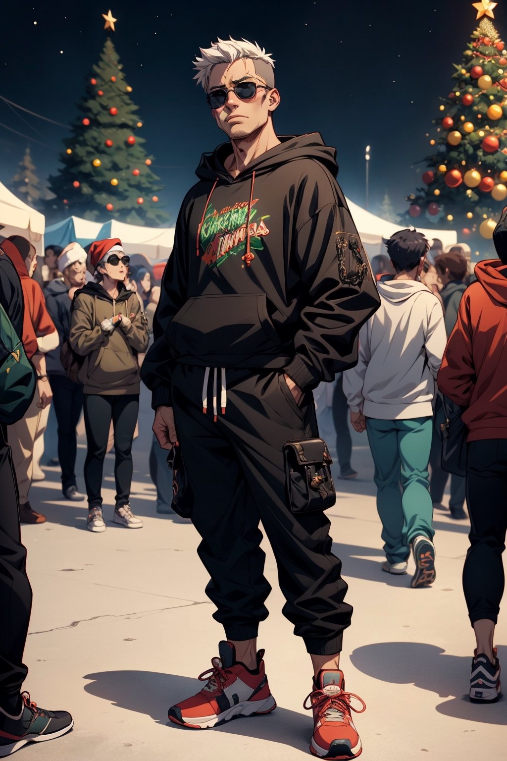 Guts from Berserk, wearing a designer hoodie and baggy pants, wearing chain, showing his sneakers made of diamonds, wearing sunglasses, in hood, crowd watching him,Movie Still, Christmas tree in background, anime, anime style