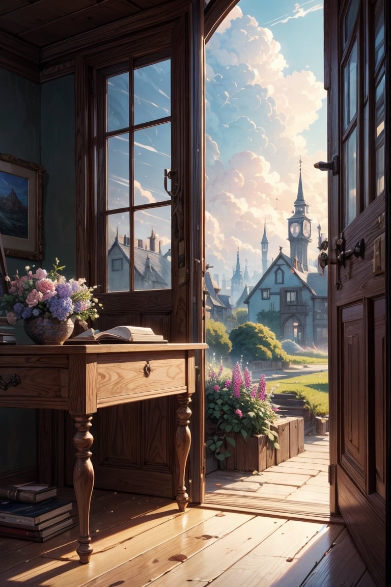 bedroom interior, study desk, cozy bedroom, window which shows a landscape covered in a lot of flowers, clouds, forest, medieval era, fantasy world, Raw photo, depth of field, UHD, retina, masterpiece, super detail, high details, high quality, award winning, best quality, highres, 1080P, HD, 4K, 8k, 16k, cinematic light, (masterpiece, best quality, ultra-detailed, 8K), dreamlike, aesthetic art, digital art, professional artwork, immersive, intricate details, captivating natural beauty, hyper-detailed, (studio ghibli), makoto shinkai, trending in artstation,boy