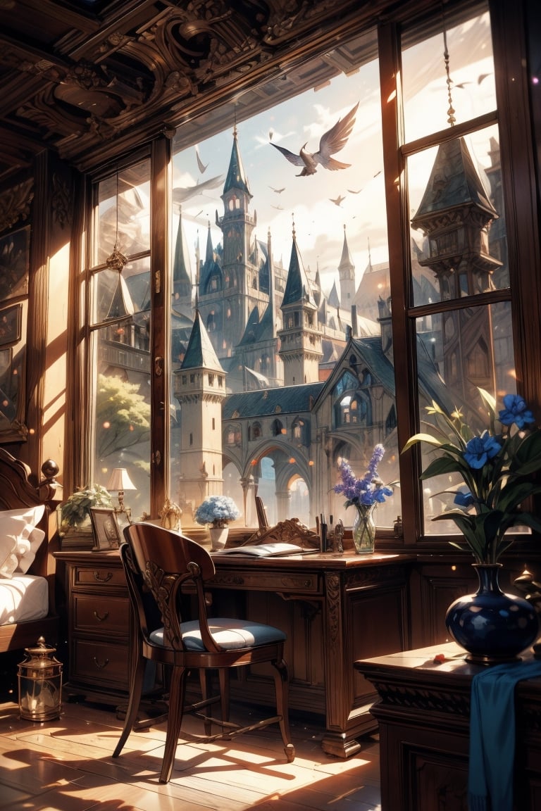 Generate an image of a cozy bedroom in a medieval-era fantasy world. The room should include a study desk with parchment and quill, a comfortable bed with soft blankets, and a warm, inviting atmosphere. The window should showcase a beautiful landscape outside, with rolling hills, a castle in the distance, and a hint of magical elements like floating orbs or mystical creatures. Emphasize the soft lighting and intricate details in the room to capture the essence of a tranquil and enchanting medieval fantasy bedroom.
medieval era, fantasy world, Raw photo, depth of field, UHD, retina, masterpiece, super detail, high details, high quality, award winning, best quality, highres, 1080P, HD, 4K, 8k, 16k, cinematic light, (masterpiece, best quality, ultra-detailed, 8K), dreamlike, aesthetic art, digital art, professional artwork, immersive, intricate details, captivating natural beauty, hyper-detailed, (studio ghibli), makoto shinkai, trending in artstation,boy,midjourney