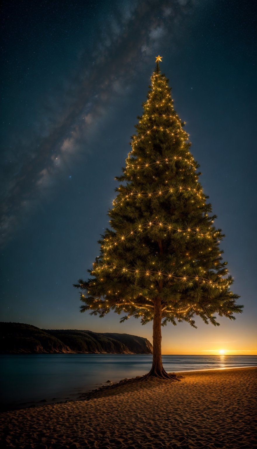 A beautiful enchanted Christmas tree, detailed Beach, on the top of the mountain, Medieval era, fantasy world, night, starry sky, ocean,