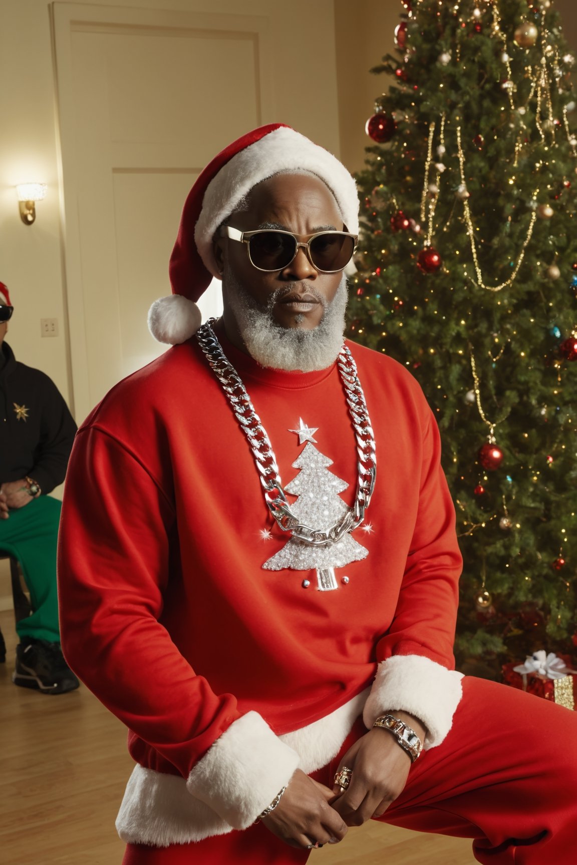 Santa claus, wearing a designer hoodie and baggy pants, wearing chain, showing his sneakers made of diamonds, wearing sunglasses, in hood, crowd watching him,Movie Still, Christmas tree in background