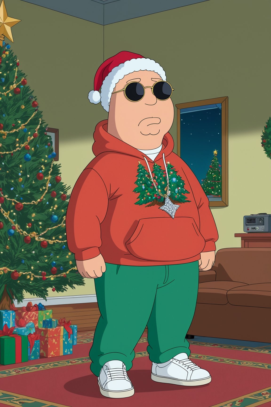 Peter from family guy, wearing a designer hoodie and baggy pants, wearing chain, showing his sneakers made of diamonds, wearing sunglasses, in hood, crowd watching him,Movie Still, Christmas tree in background