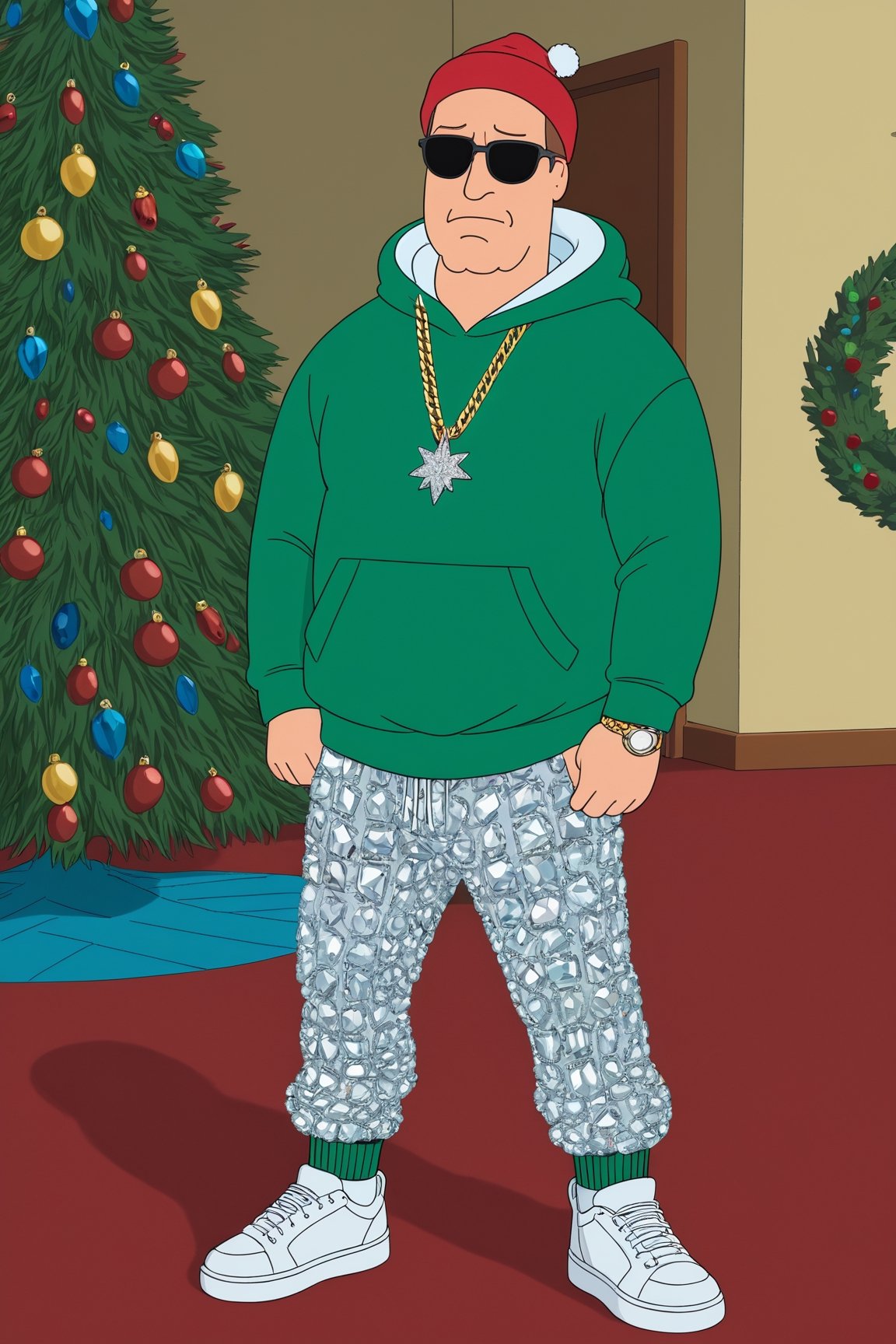 Brian from family guy, wearing a designer hoodie and baggy pants, wearing chain, showing his sneakers made of diamonds, wearing sunglasses, in hood, crowd watching him,Movie Still, Christmas tree in background