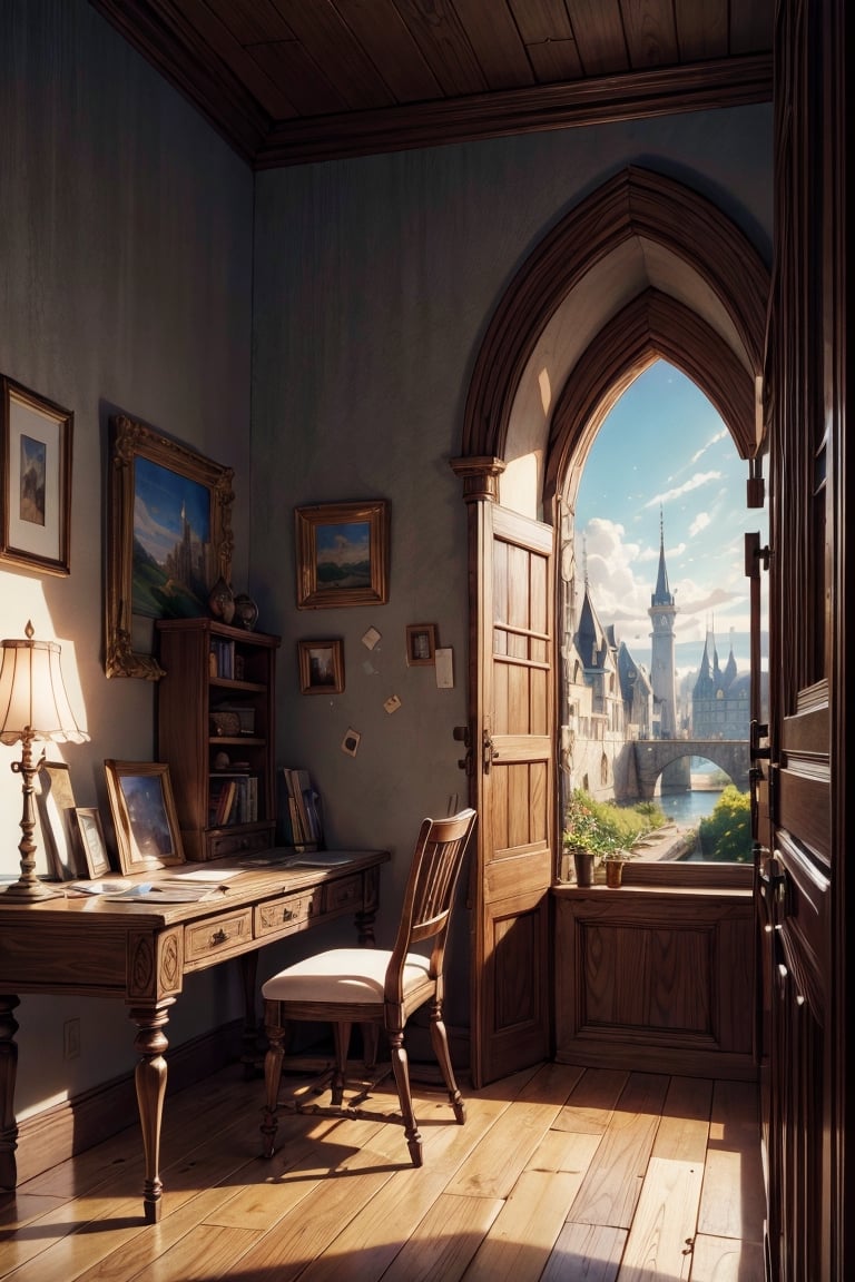 Generate an image of a cozy bedroom in a medieval-era fantasy world. The room should include a study desk with parchment and quill, a comfortable bed with soft blankets, and a warm, inviting atmosphere. The window should showcase a beautiful landscape outside, with rolling hills, a castle in the distance, and a hint of magical elements like floating orbs or mystical creatures. Emphasize the soft lighting and intricate details in the room to capture the essence of a tranquil and enchanting medieval fantasy bedroom.
medieval era, fantasy world, Raw photo, depth of field, UHD, retina, masterpiece, super detail, high details, high quality, award winning, best quality, highres, 1080P, HD, 4K, 8k, 16k, cinematic light, (masterpiece, best quality, ultra-detailed, 8K), dreamlike, aesthetic art, digital art, professional artwork, immersive, intricate details, captivating natural beauty, hyper-detailed, (studio ghibli), makoto shinkai, trending in artstation,boy