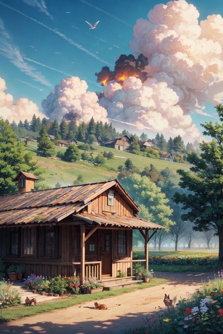 A beautiful hut, roof covered in flowers, little squirrels are on the roof, beautiful clouds, forest, little farm infront of house, vegetable basket near the farm, smoke coming out of chimney,