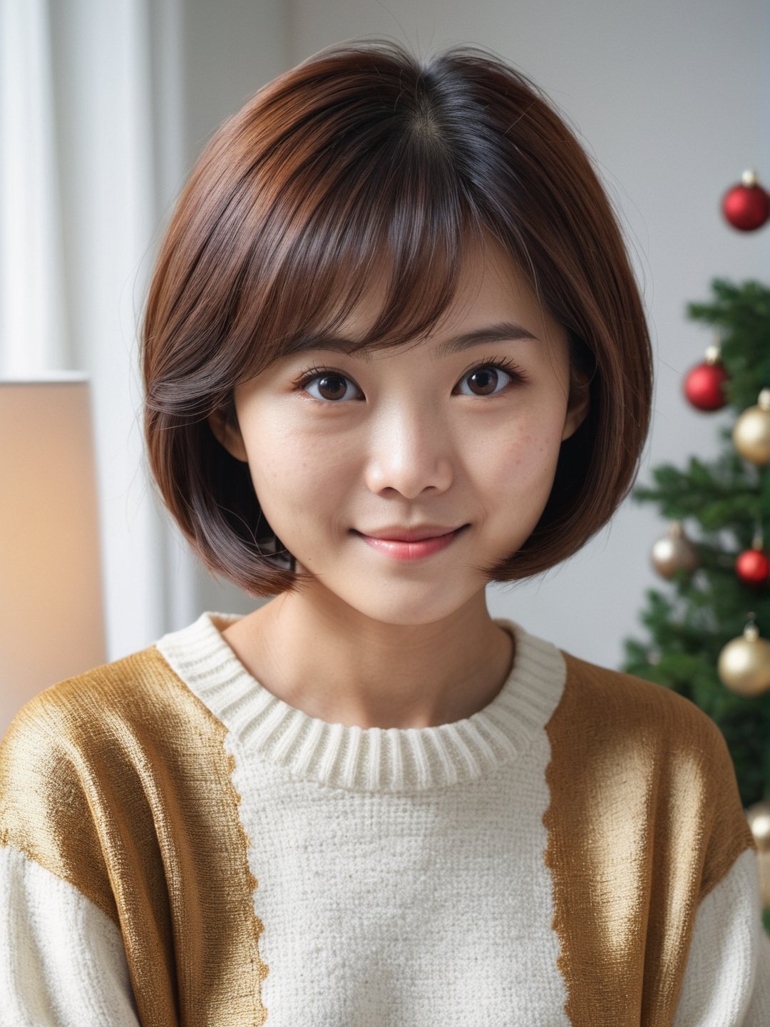 photo r3al, cute asian female, adult, short, 25 years old, facing viewer, looking at viewer, front view, white room, short hair, small breasts, upper body, masterpiece, photorealistic, hyperdetailed photography, kawaii, christmas themed living room, black eyes, freckled, closed mouth, smirking, realistic eyes, detailed eyes, golden silk sweater