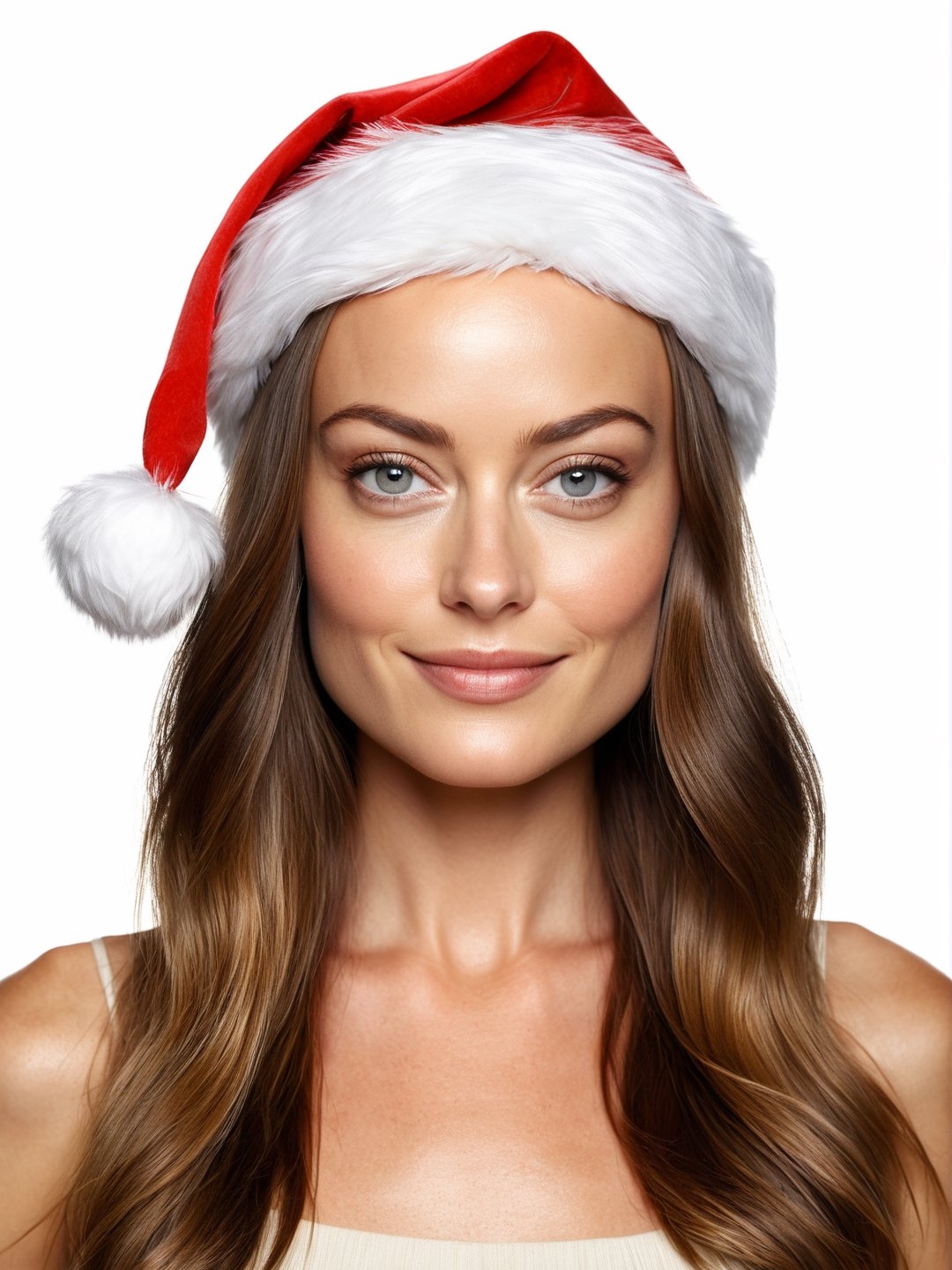 photo r3al, photorealistic, masterpiece, hyperdetailed photography of a beautiful woman posing for a picture, looks like Olivia Wilde, santa hat, long hair, sexy face, best quality, 8k UHD, 8k, ultra quality, ultra detailed, closed mouth, smirking, warm lighting, soft lighting, (closeup), small breasts, looking_at_viewer, smooth face, facing viewer, attractive face, smooth lighting, softbox, portrait, photography, professional headshot, smirking, professional photography, white wall background, photoshop_(medium), facing_viewer, natural face, natural beauty, perfectly contoured face, ((((closed mouth))))