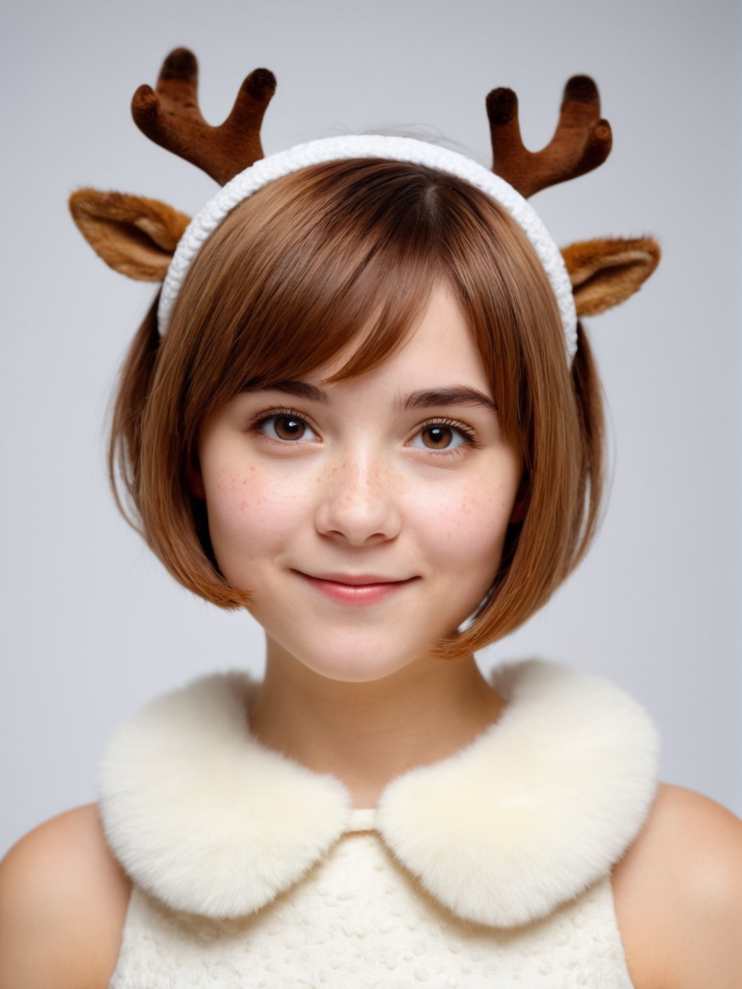 photo r3al, cute female, adult, short, thick, meaty, 25 years old, facing viewer, looking at viewer, front view, white room, pixie cut, short hair, small breasts, upper body, masterpiece, photorealistic, hyperdetailed photography, kawaii, christmas theme, fuzzy christmas dress, light brown hair, freckled, closed mouth, smirking, collar, reindeer hairband