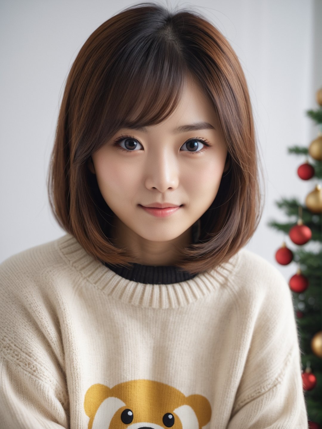 photo r3al, cute asian female, adult, short, 25 years old, facing viewer, looking at viewer, front view, white room, black eyes, small breasts, upper body, masterpiece, photorealistic, hyperdetailed photography, kawaii, christmas themed living room, black eyes, closed mouth, smirking, realistic eyes, detailed eyes, golden silk sweater