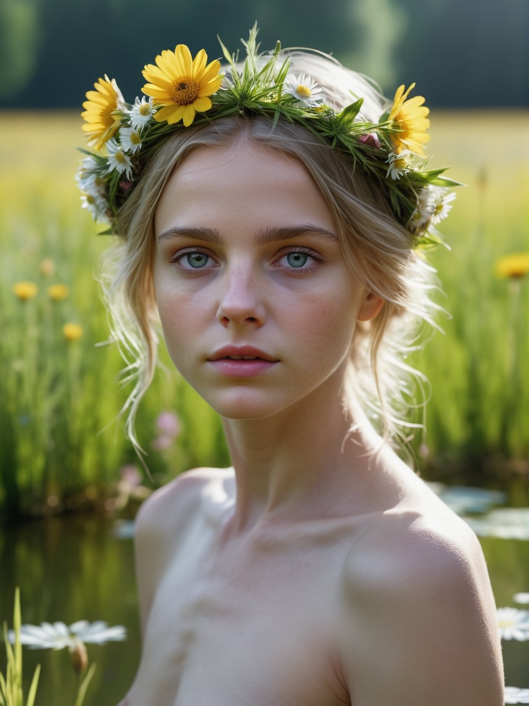 masterpiece, best quality, female, beautiful, closeup, meadow, professional photography, front view, facing viewer, 8k, ultra realistic, upper body, photo r3al, closed mouth, delicate face, smooth face, mysterious, magical pond, flowercrown, naked, sunlight, tiny tits