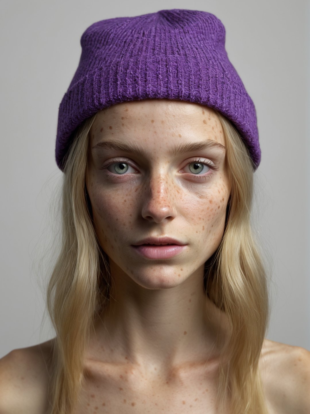 photorealistic, masterpiece, hyperdetailed photography, young anorexic woman posing for a picture, blonde, freckled, best quality, 8k UHD, 8k, ultra quality, ultra detailed, closed mouth, smirking, warm lighting, soft lighting, purple jester cap, slightly freckled, full body, smooth lighting, softbox, smirking, professional photography, white wall background, photoshop_(medium), natural face, natural beauty, ((((closed mouth)))), very skinny, exposed very small breasts, (((anorexic))), nude