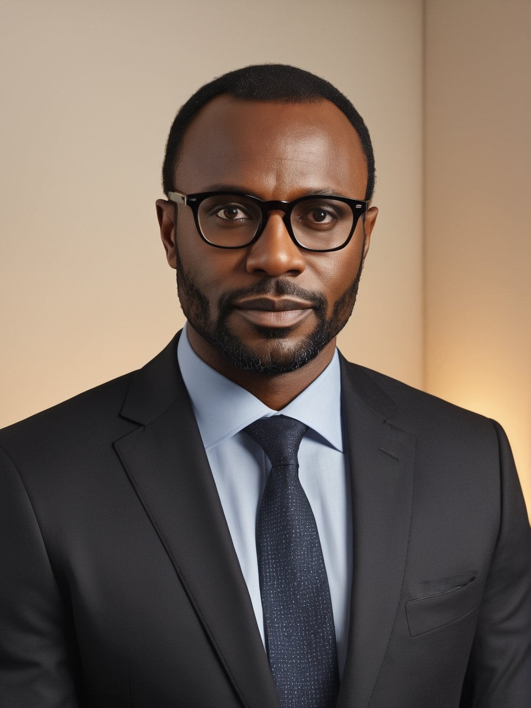 photo r3al, photorealistic, masterpiece, hyperdetailed photography, solo male, glasses, 40 years old, best quality, 8k, ultra quality, ultra detailed, closed mouth, warm lighting, soft lighting, (closeup), looking_at_viewer, facing viewer, black suit, front_view, teacher, black skin, clasroom