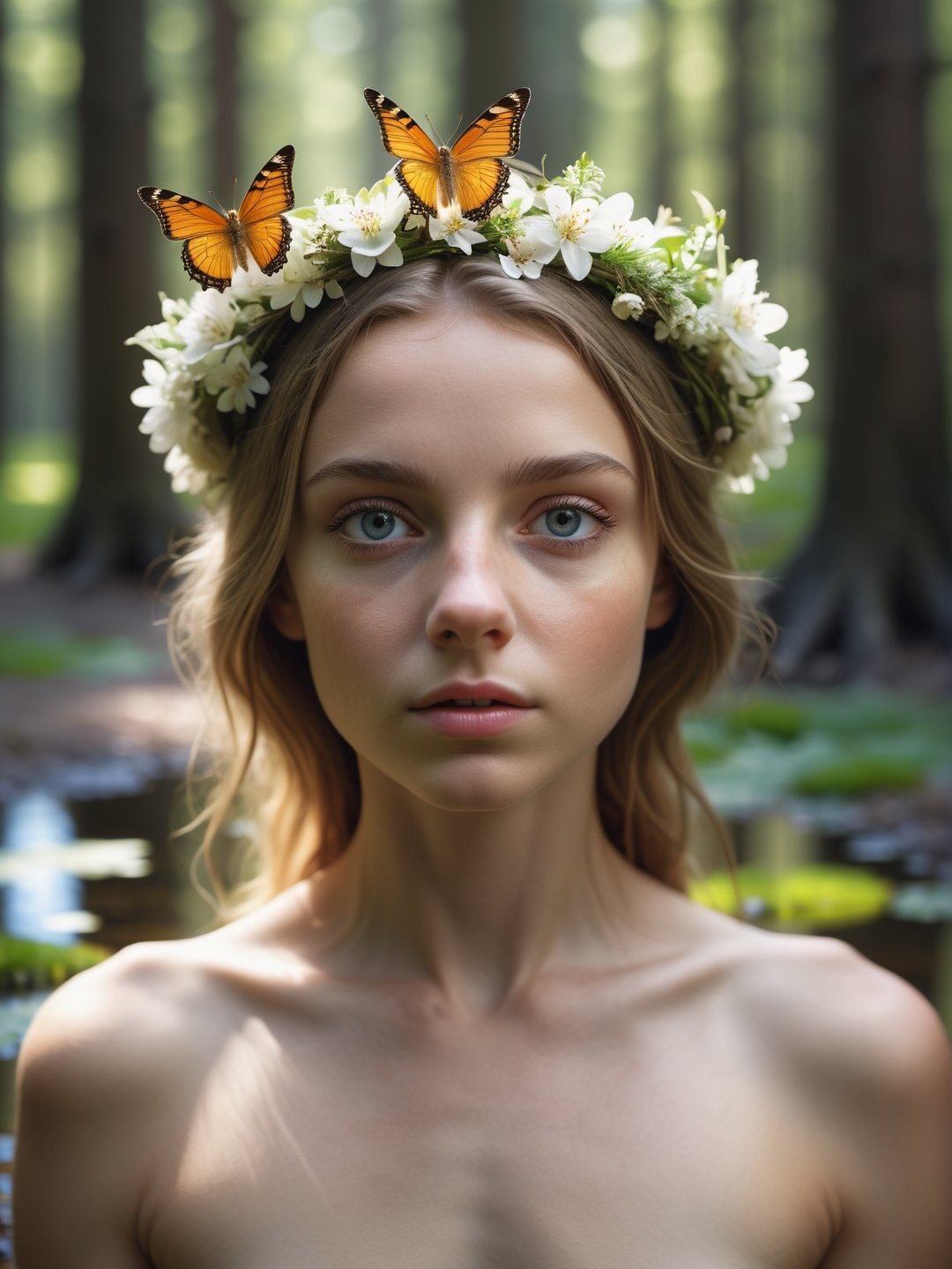 masterpiece, best quality, female, beautiful, closeup, forest, professional photography, front view, facing viewer, 8k, ultra realistic, upper body, photo r3al, closed mouth, delicate face, smooth face, magical pond, flowercrown, naked, sunlight, tiny breasts, sunny weather, warm lighting, daylight, mysterious, motion blur butterflies