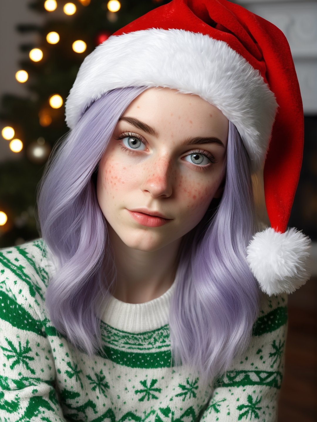 photo r3al, photorealistic, masterpiece, hyperdetailed photography, young alternative woman posing for a picture, santa hat, best quality, 8k UHD, 8k, ultra quality, ultra detailed, closed mouth, warm lighting, slightly freckled, full body, professional photography, christmas living room, natural face, natural beauty, ((((closed mouth)))), skinny, pale_skin, lavender hair, christmas sweater, detailed eyes,