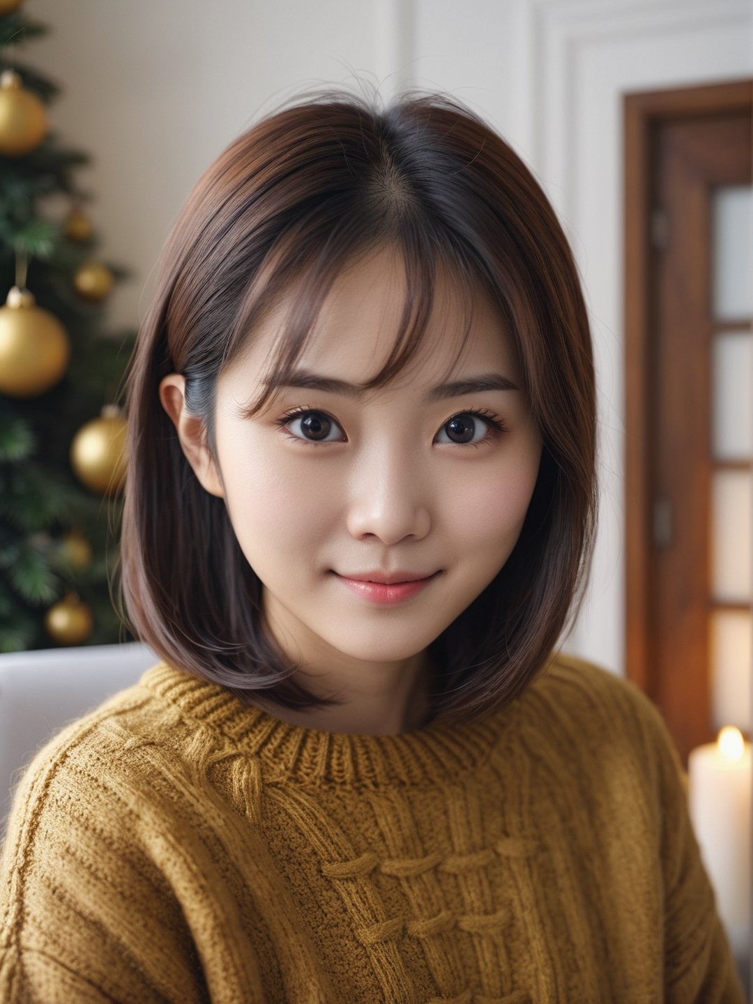 photo r3al, cute asian female, adult, short, 25 years old, facing viewer, looking at viewer, front view, white room, black eyes, small breasts, upper body, masterpiece, photorealistic, hyperdetailed photography, kawaii, christmas themed living room, black eyes, closed mouth, smirking, realistic eyes, detailed eyes, golden silk sweater