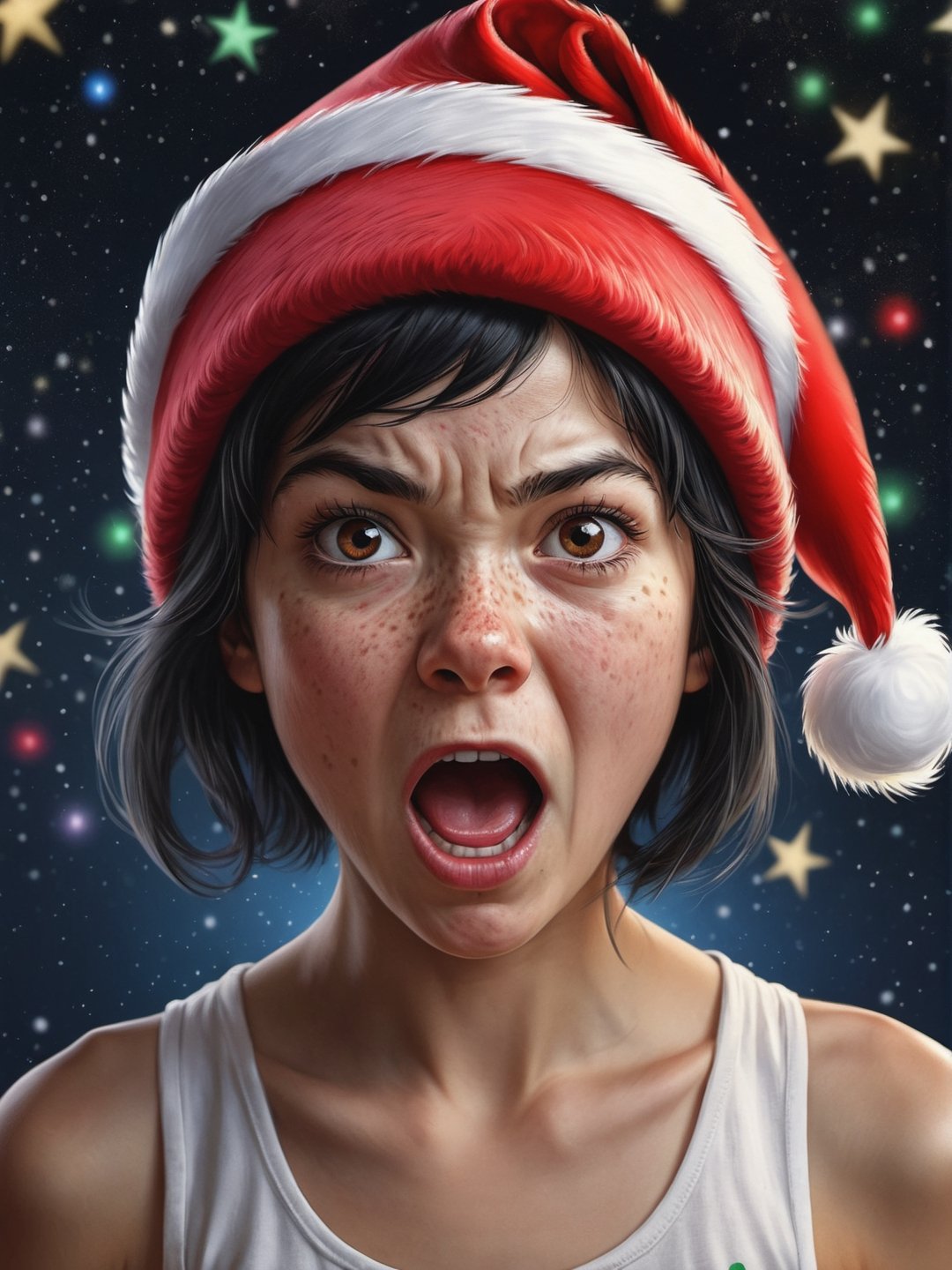 photo r3al, 1girl, facing viewer, front view, colorful stars background, black hair, small breasts, upper body, masterpiece, photorealistic, hyperdetailed photography, santa hat, christmas theme, freckled, (((closed eyes, angry, irritated, screaming))), skinny