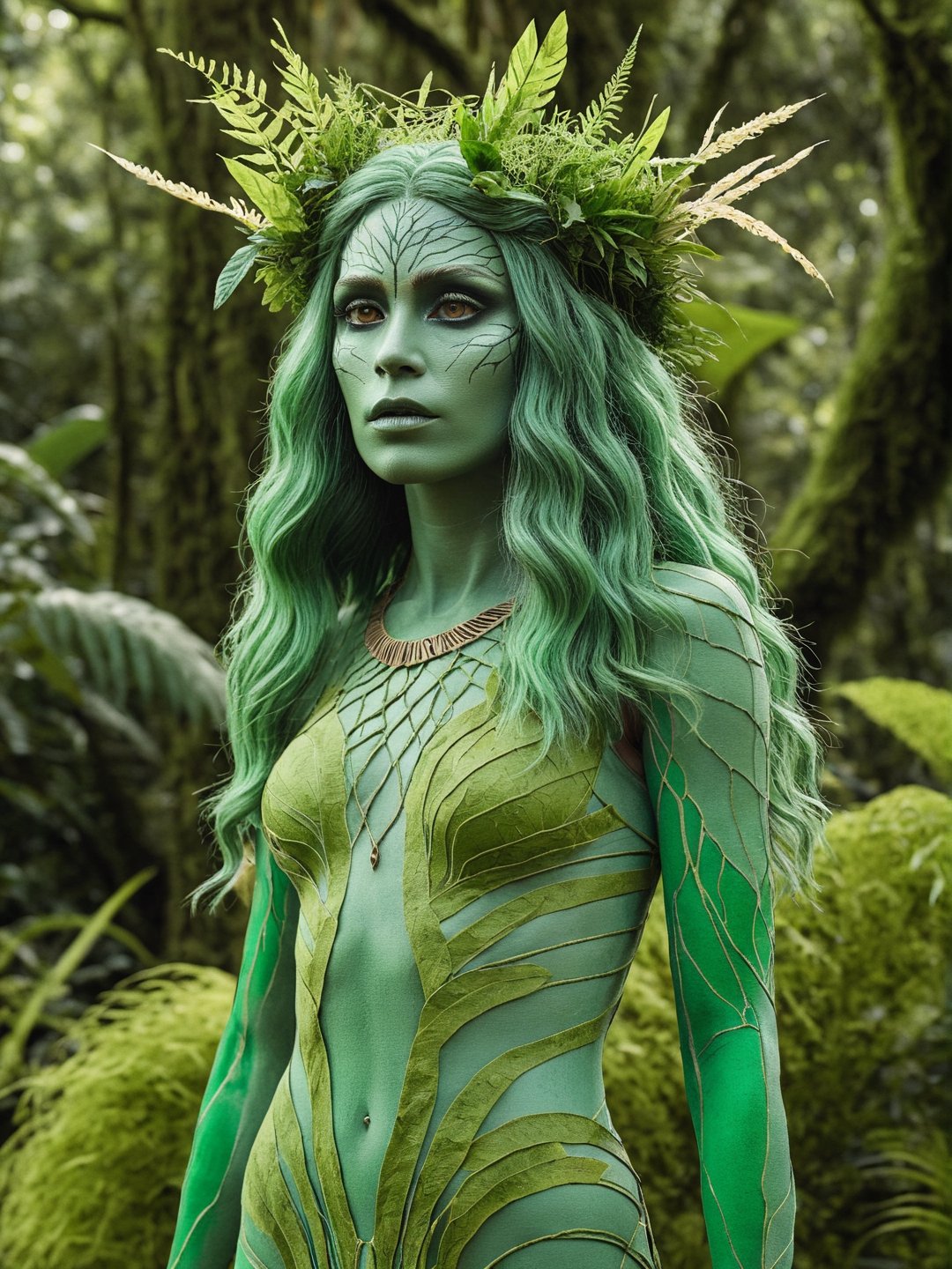 best quality, ultra detailed, ultra realistic, upper body, photo of dryad woman, rainforest, (((green skin))), (((green body))), dress made of plants and leaves, (long green hair decorated with plants and grass), outdoors, garden, daylight, Monster, Movie Still, Cinematic