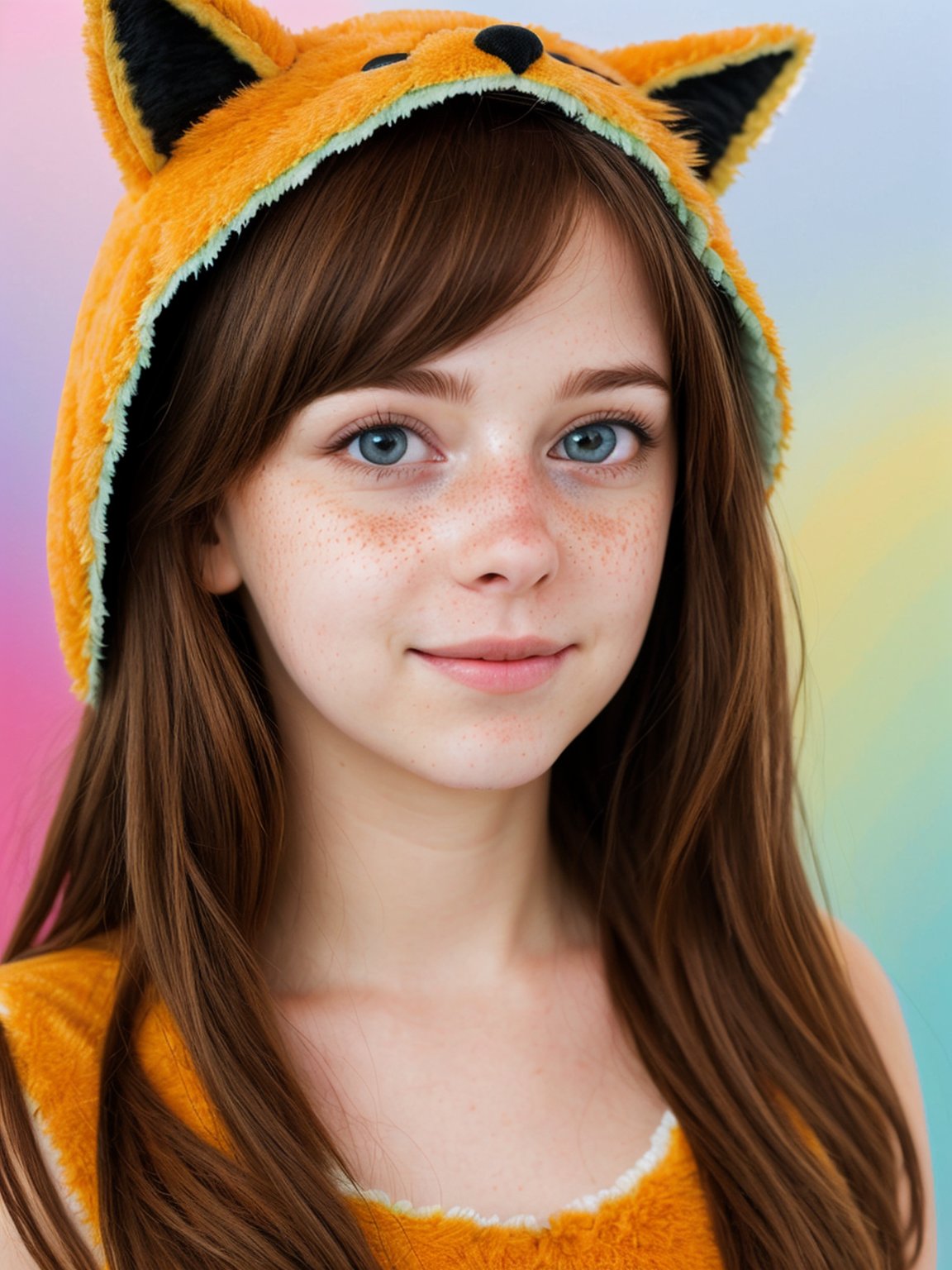 1girl, caucasian, cute, adult, rainbow background, cute fox costume, ultra realistic, best quality, ultra detailed, average girl, upper body, closeup, slightly freckled, 