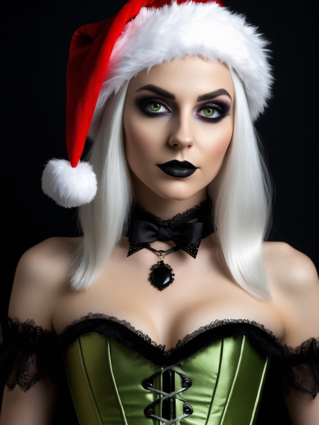 photorealistic, masterpiece, hyperdetailed photography of a beautiful goth woman posing for a picture, (((white hair))), best quality, 8k UHD, 8k, ultra quality, ultra detailed, closed mouth, warm lighting, soft lighting, (((back santa hat))), (((small breasts))), full body, smooth lighting, softbox, smirking, professional photography, black wall background, photoshop_(medium), natural face, natural beauty, front_view, light green christmas corset,