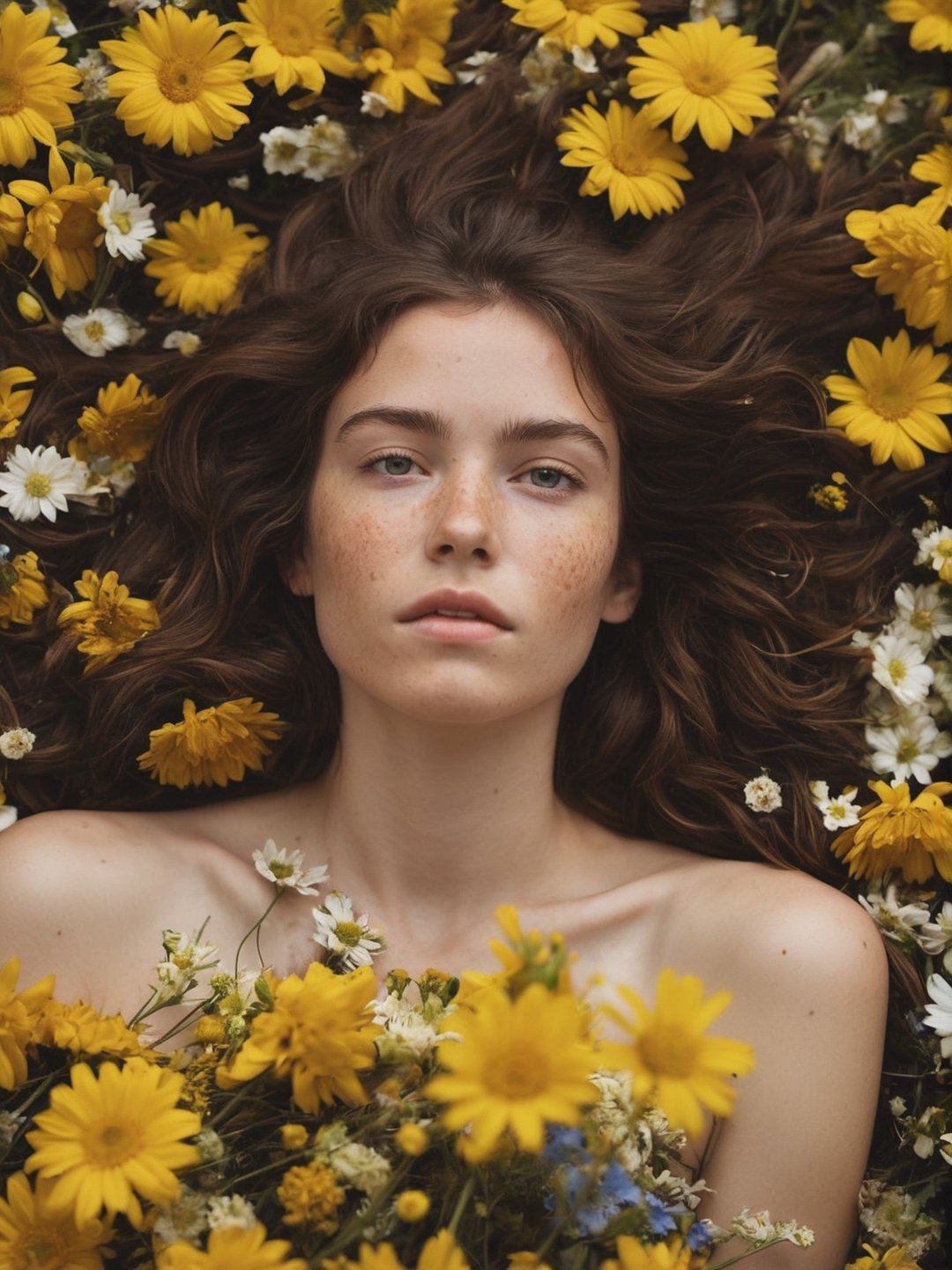 a beautiful woman laying down on a big pile of flowers, brunette, messy hair, closeup, slightly freckled, bare shoulders, naturally_censored, looking_at_viewer, flowers everywhere, closed_mouth,