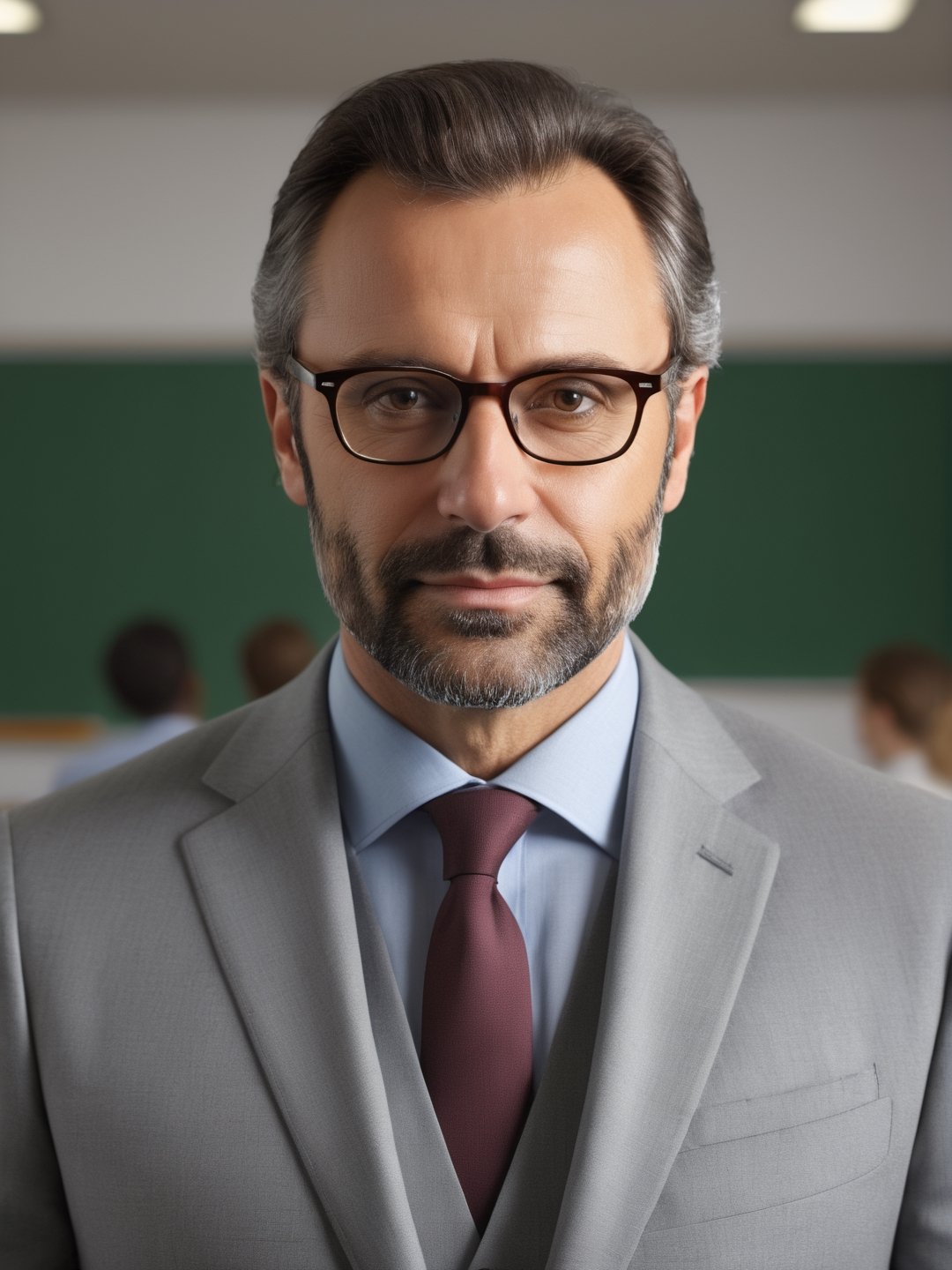 photo r3al, photorealistic, masterpiece, hyperdetailed photography, solo male, glasses, 40 years old, best quality, 8k, ultra quality, ultra detailed, closed mouth, warm lighting, soft lighting, (closeup), looking_at_viewer, facing viewer, (((gray suit))), front_view, teacher, british, clasroom