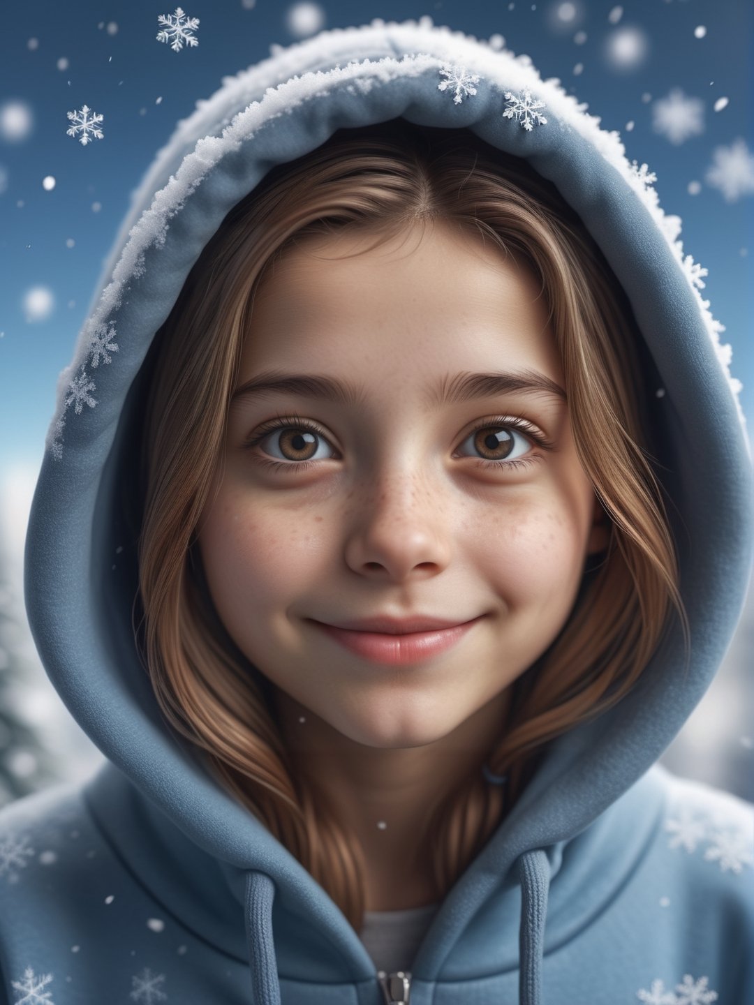 photo r3al, best quality, ultra realistic, cute girl looking towards sky, heartwarming smile, snowflakes, wearing hoodie, macro zoom, 8k, hyperdetailed photography, photorealistic, front view, closeup, looking at viewer, smooth face, flawless skin, 