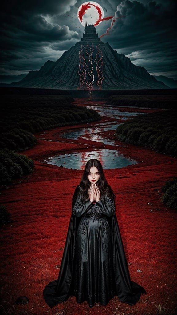 a witch in a red dress, with black intricate robe, vibrant palette, twisted god with no face, apokalyptic, (Hell and (rivers of blood in the background)), with dark radiant halo