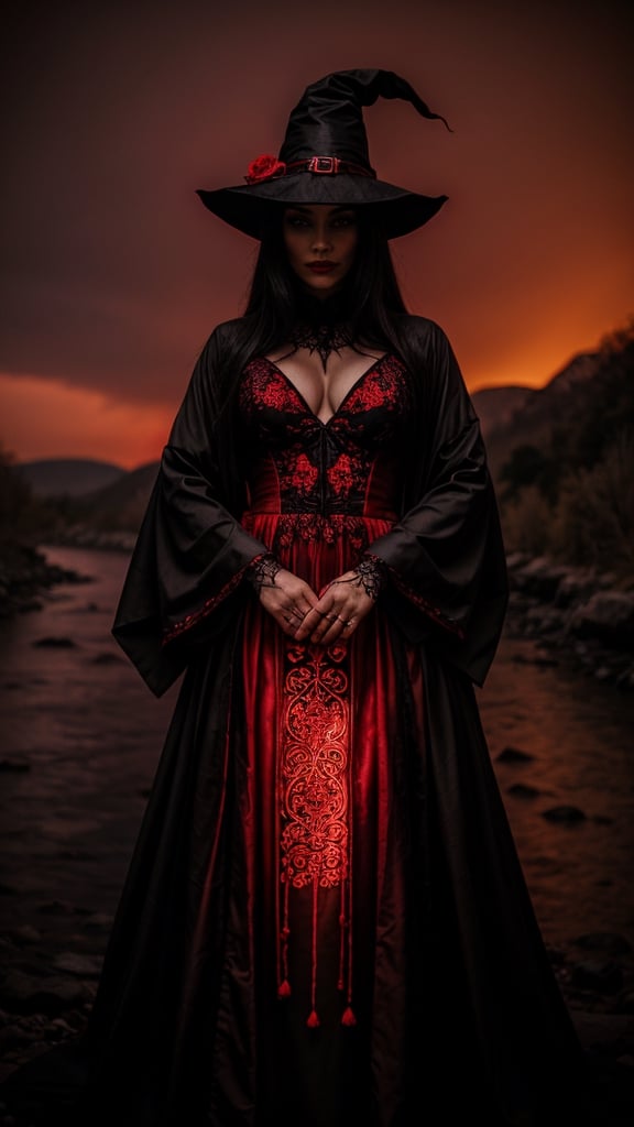 a witch in a red dress, with black intricate robe, vibrant palette, twisted god with no face, apokalyptic, (Hell and (rivers of blood in the background)), with dark radiant halo
