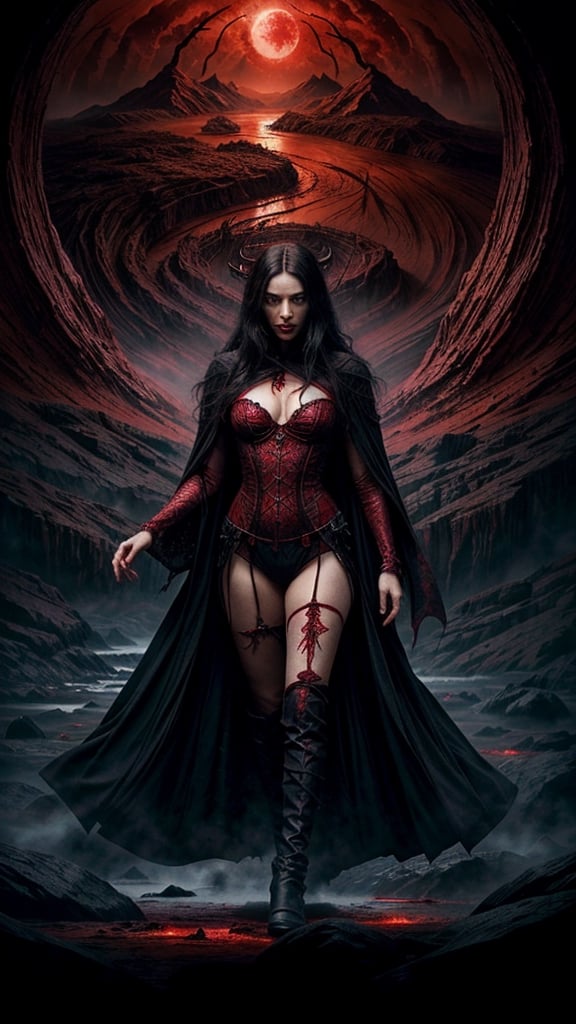 a witch in a red dress, with black intricate robe, vibrant palette, twisted god with no face, apokalyptic, (Hell and (rivers of blood in the background)), with dark radiant halo