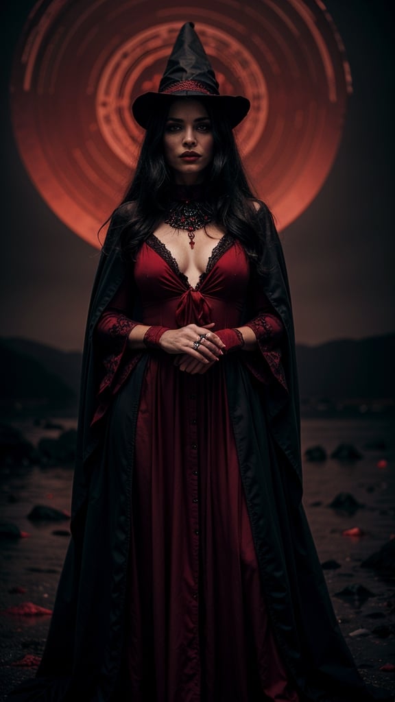 a witch in a red dress, with black intricate robe, vibrant palette, twisted god with no face, apokalyptic, (Hell and (rivers of blood in the background)), with dark radiant halo