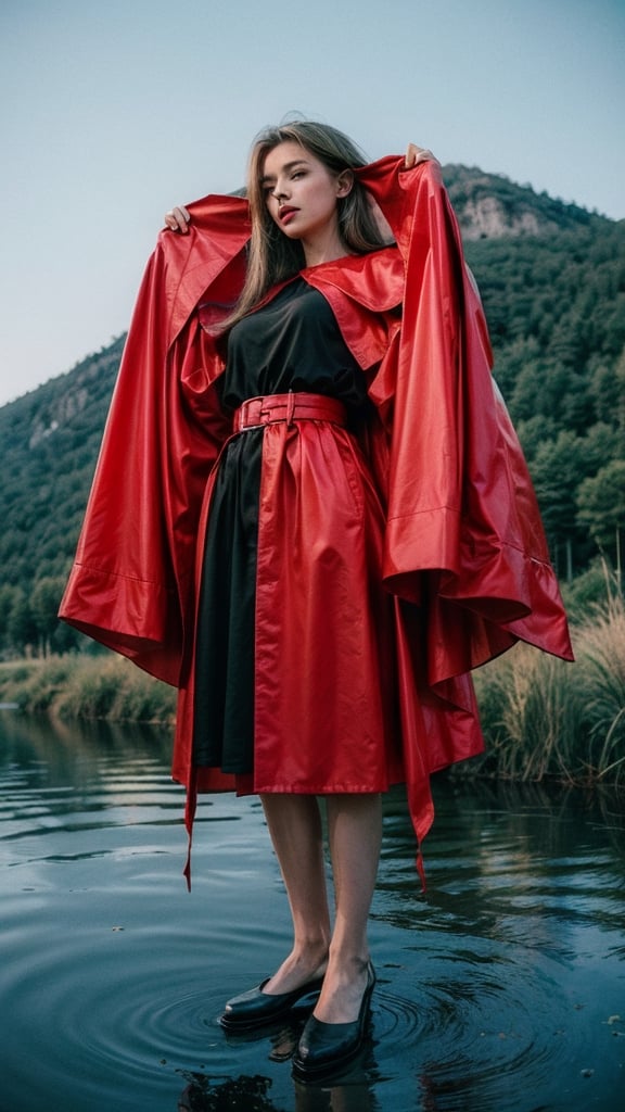 a witch in a red dress, with black intricate robe, vibrant palette, twisted god with no face, apokalyptic, (Hell and (rivers of blood in the background)), with dark radiant halo