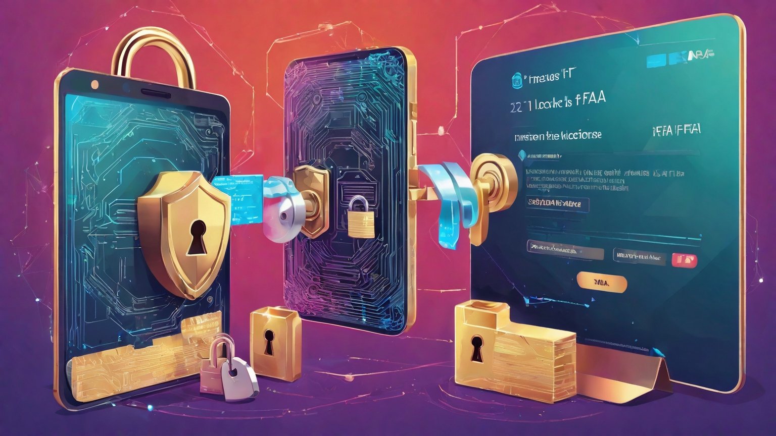 text "2FA" , Illustrate the concept of two-factor authentication (2FA) through an image that shows two locks working together to access a digital device. Use contrasting yet harmonious colors to highlight the dual security layers. 32K,  by AiLove, fit in canvas, bright, clear, sharp, ultra hd, Sparkling, denoise,