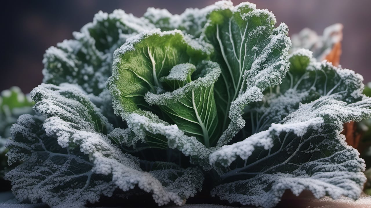 photorealistic, A close-up of frost-kissed kale leaves, showcasing their hardiness and earthy colors in the cold season, highlighting their natural beauty during the winter season , highly details. ultra hd, art by aiLove  glossy, high contrast, vibrant masterpiece, fit in canvas, artstation, 32K, bright, clear, highly sharp, ultra hd, Sparkling, denoise 