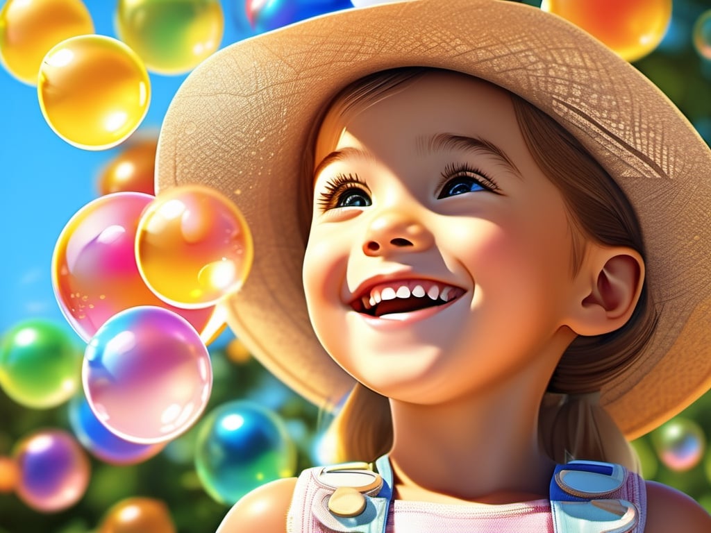 photorealistic, Create a digital artwork capturing the magic of a sunny afternoon. Position the main subject, a happy boy or girl, at one of the intersections of the Rule of Thirds grid. making bubbles, cubism dress style, Surround them with floating bubbles, allowing them to reach toward the opposite grid intersection. Use vibrant colors and soft lighting to enhance the joyful atmosphere. diffused light, 32k, bright, clear, sharp, by Ailove, denoise, highly detail, ar 16:9,