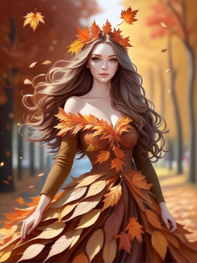 flowing art, oil paint drawing of autumn queen made of autumn leaves, flowing dress of leaves, long hair of leaves,  looking cute, highly details. l. 32k, by AiLove, ultra hd, glossy, highly detailed, high contrast, vibrant masterpiece, artstation, concept art, 24K, by AiLove, fit in canvas, bright, clear, sharp, sparkle, centered,