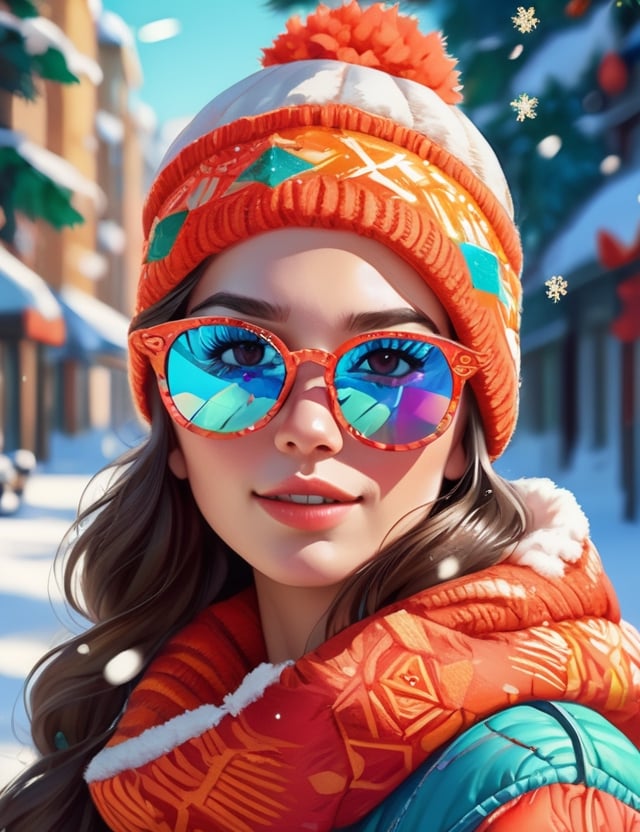 a cute young woman in winter dress and sunglass. intricate artwork and bright, festive colors 32K,  by AiLove, fit in canvas, bright, clear, sharp, ultra hd, Sparkling, denoise,